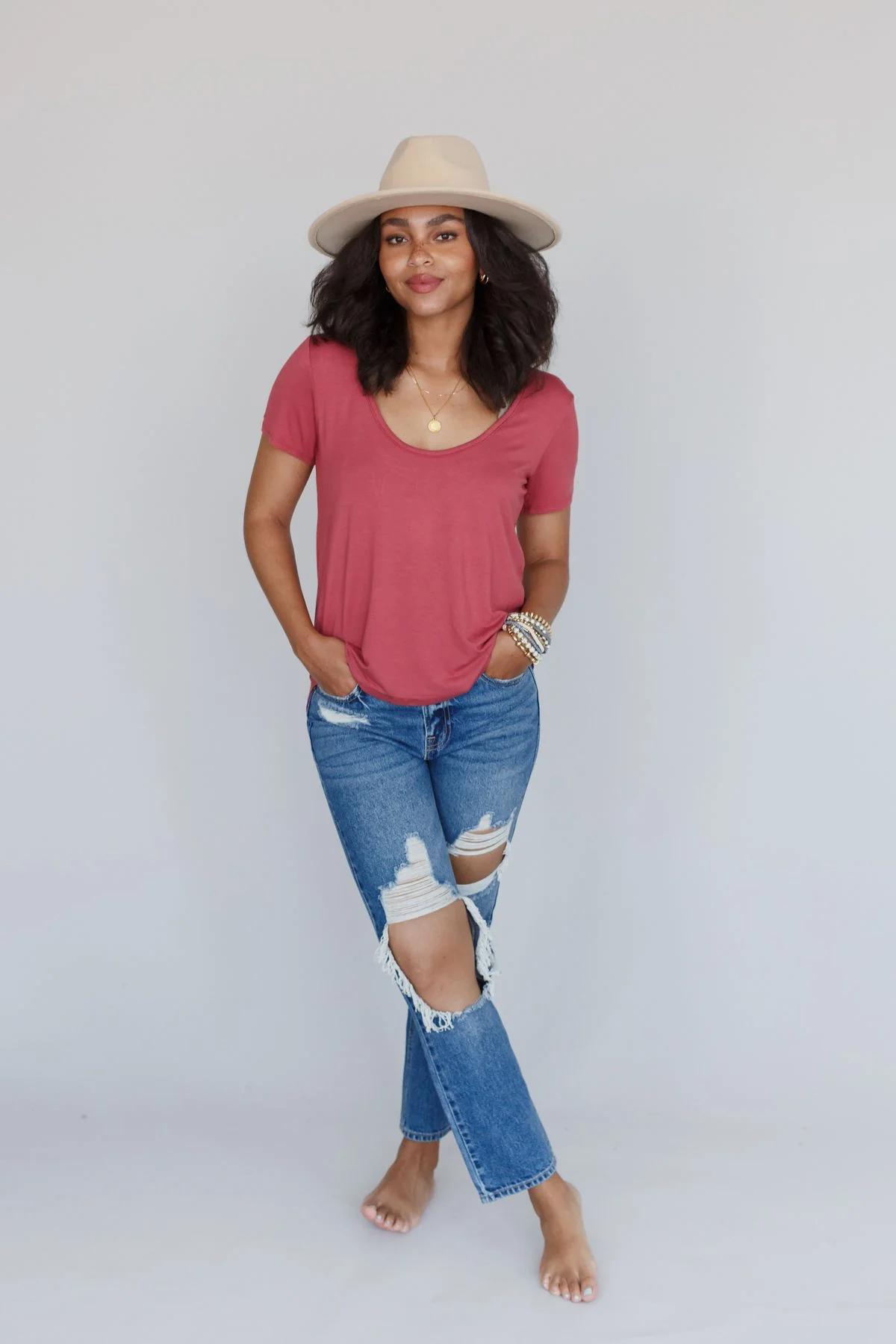 Scoop Neck Bralette Tee - Marsala - Image 2