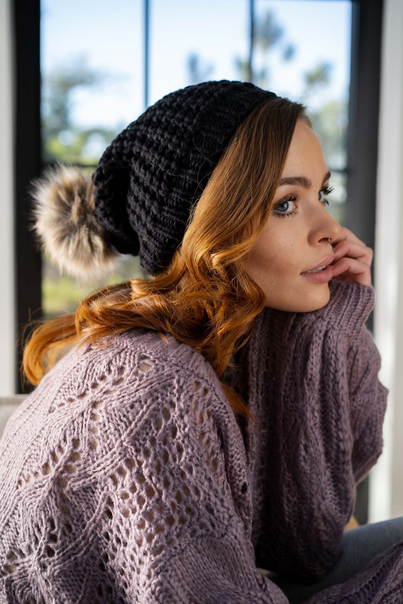 Aspen Waffle Knit Faux Fur Beanie - Black - Image 5
