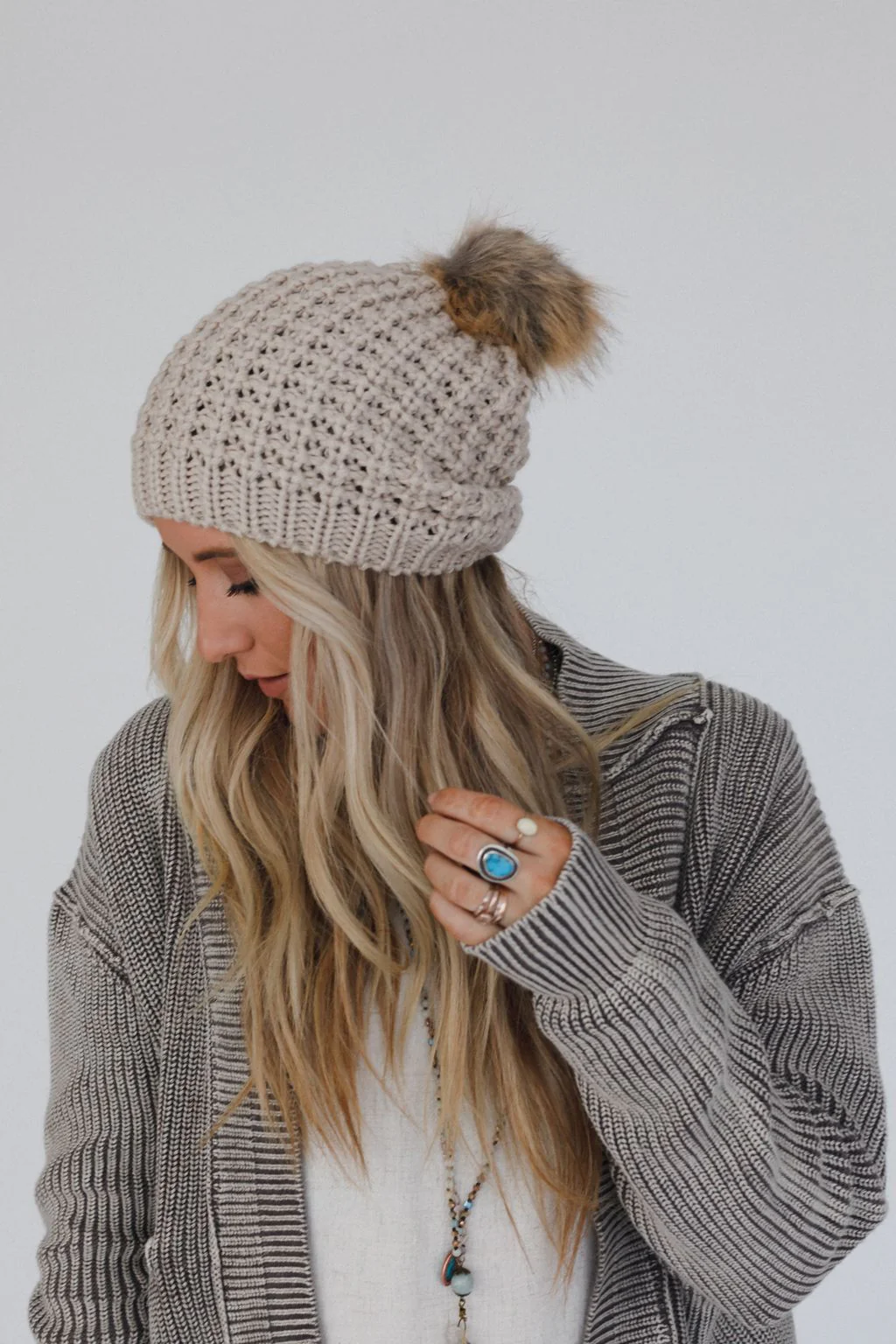 Aspen Waffle Knit Faux Fur Beanie - Mocha - Image 11