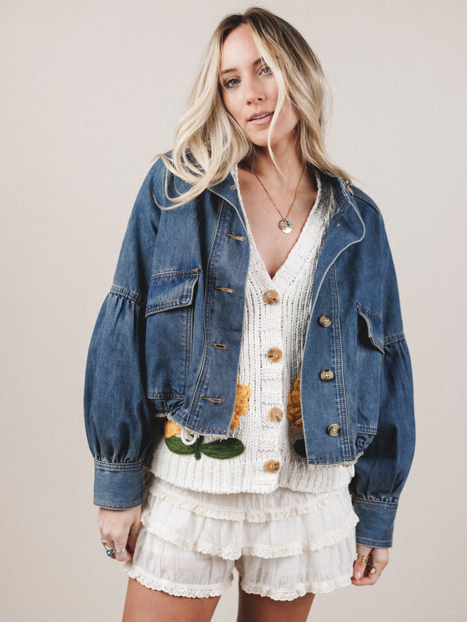 Balloon Sleeve Button Down Jacket - Denim - Image 2