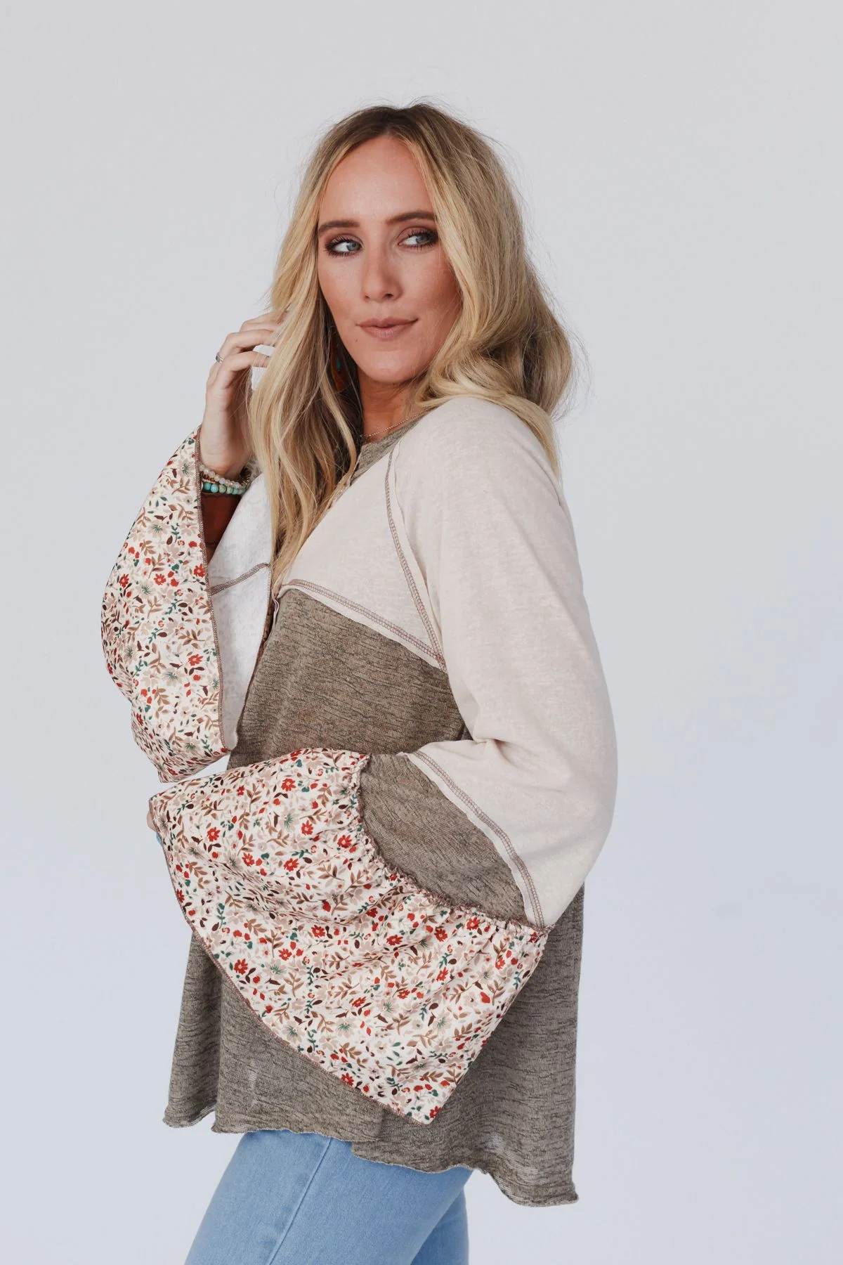 Blooms Of Love Contrast Top - Taupe - Image 10