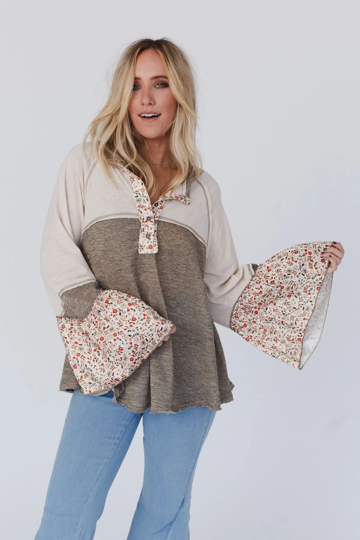 Blooms Of Love Contrast Top - Taupe - Image 6