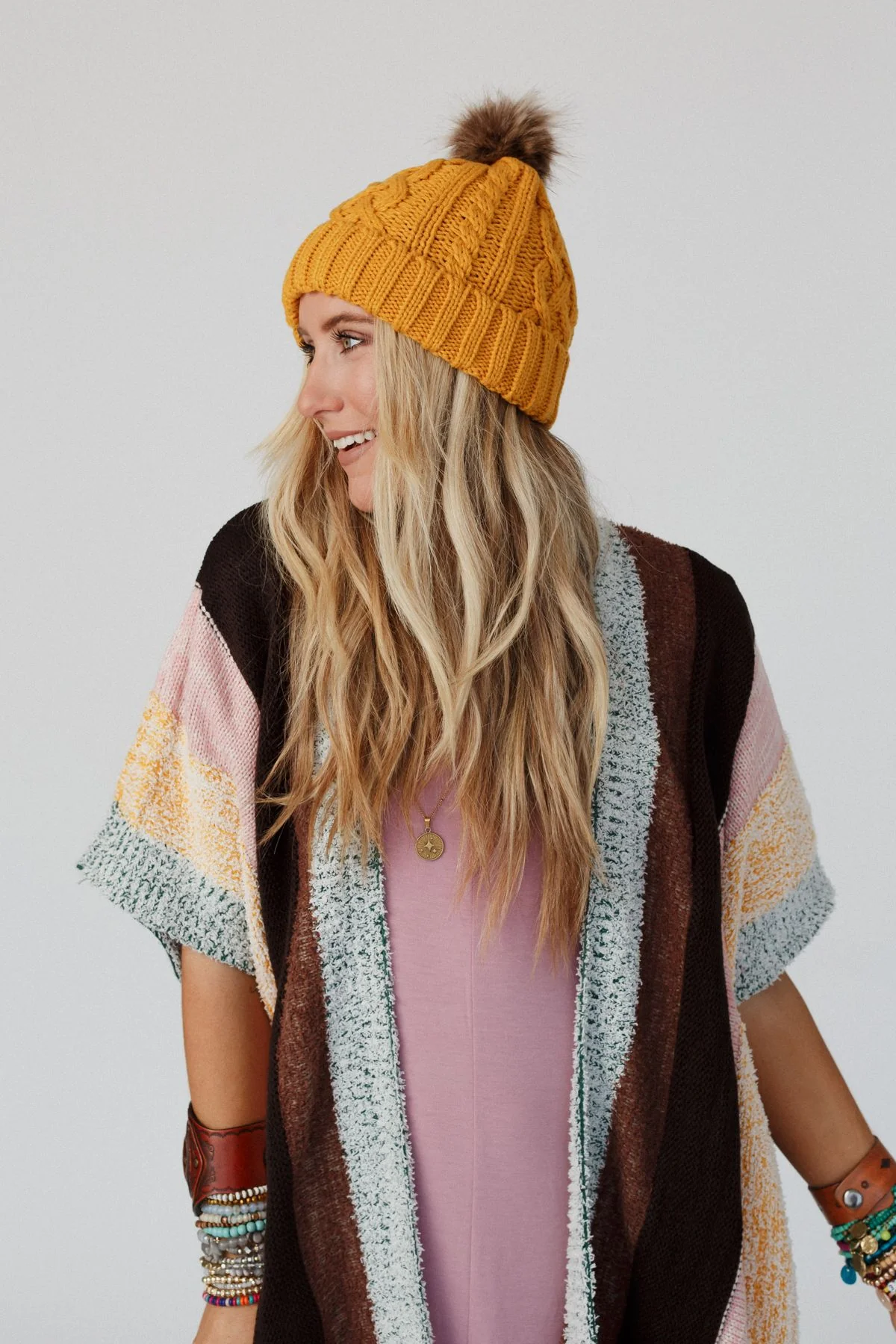 Cable Knit Faux Fur Pom Beanie - Mustard - Image 4