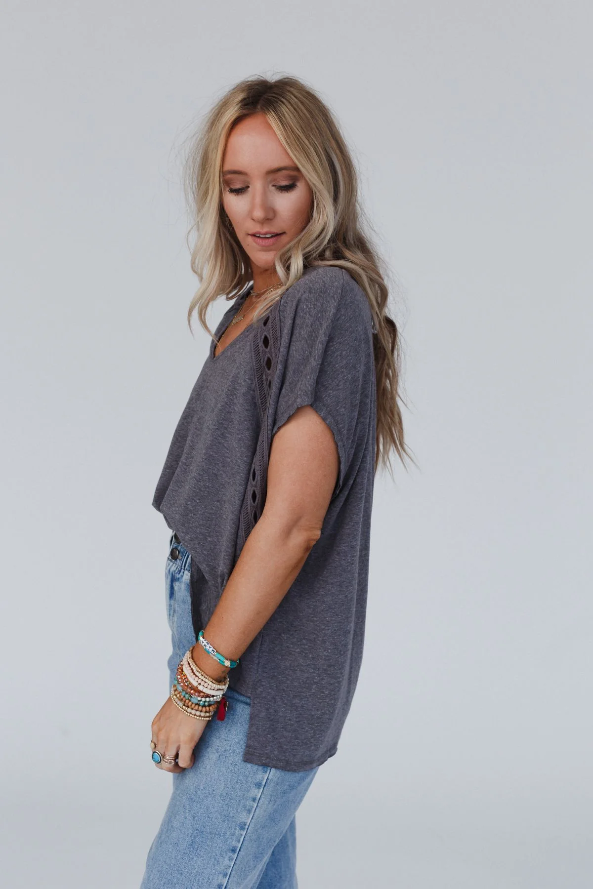 The Nest Camden Lace V Neck Top - Charcoal - Image 3