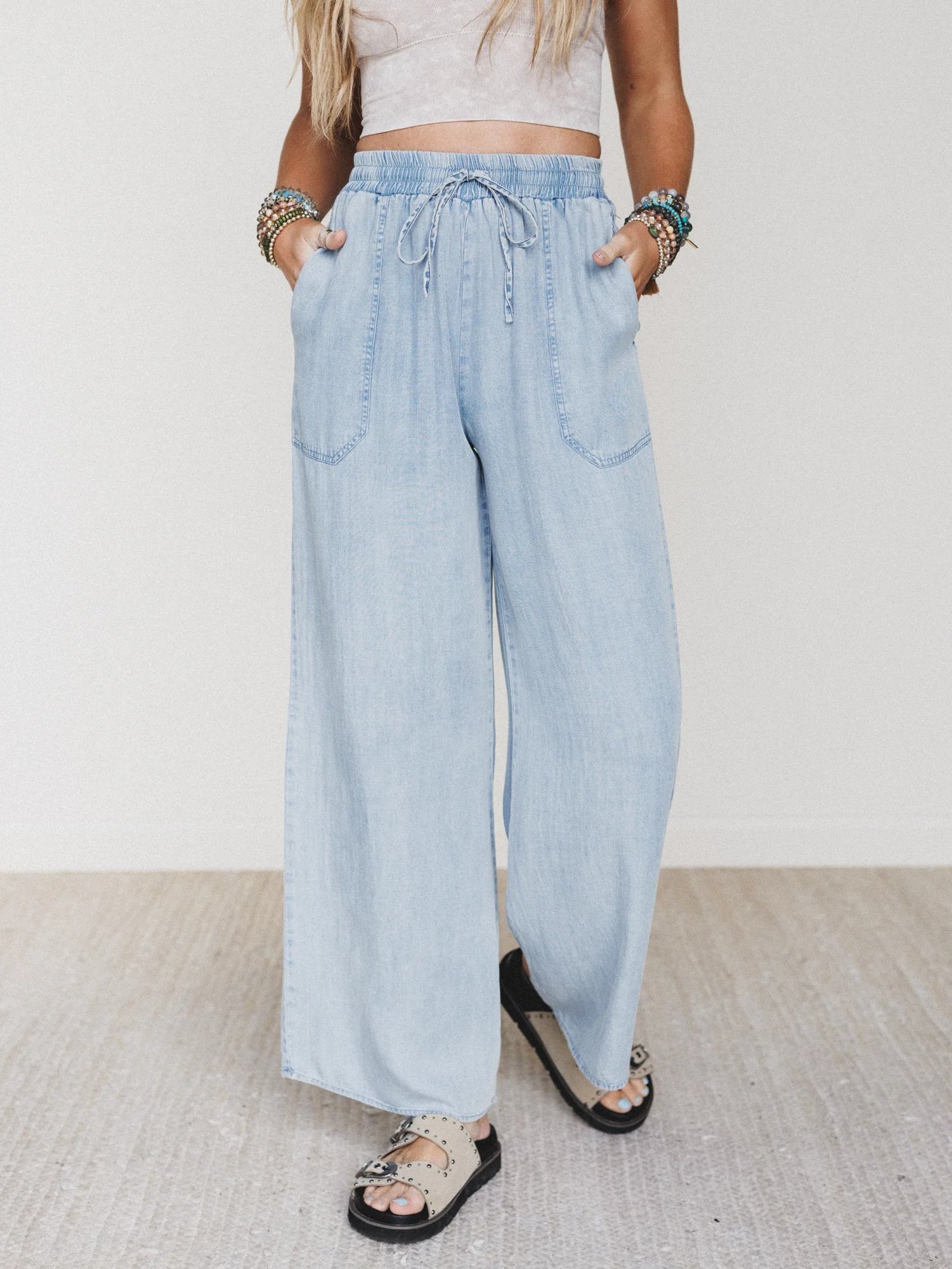 Casual Step Wide Leg Pants - Light Denim