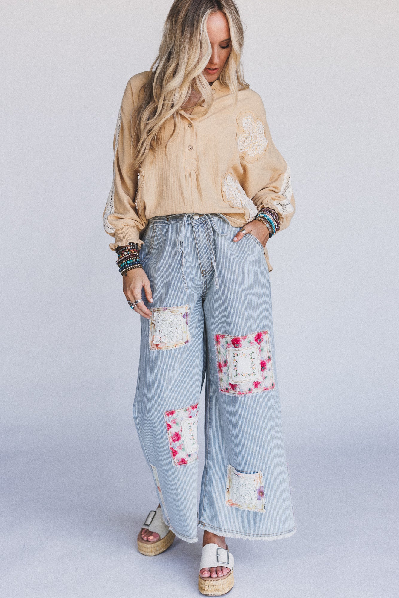 Coastal Lines Striped Patchwork Pants - Denim - Image 2