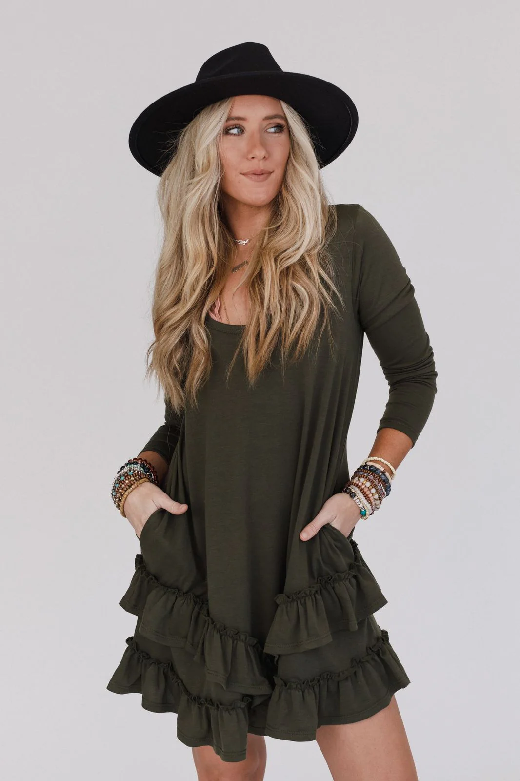 The Nest Constance Ruffle Hem Long Sleeve Dress - Olive - Image 4