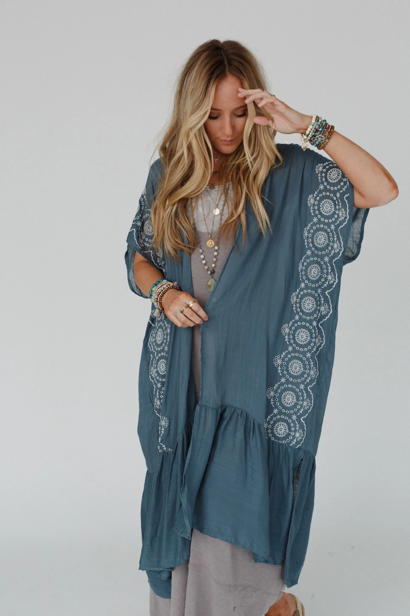 Coronado Embroidered Longline Kimono - Blue Gray - Image 5