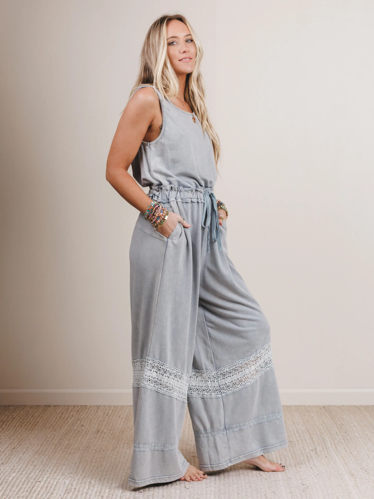 Country Sunshine Crochet Wide Leg Jumpsuit - Blue - Image 2