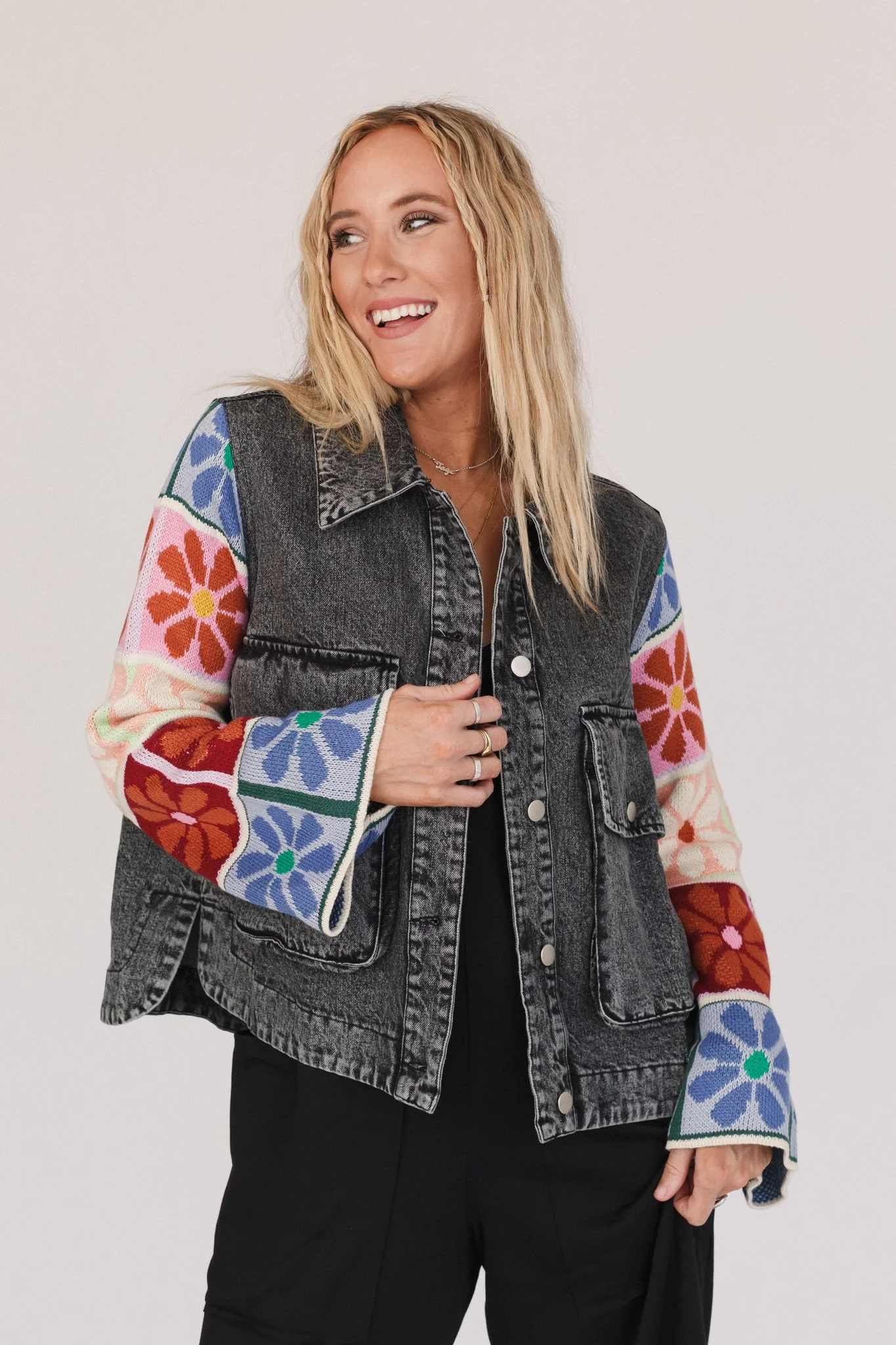 Dahlia Sweater Denim Jacket - Black Denim - Image 6