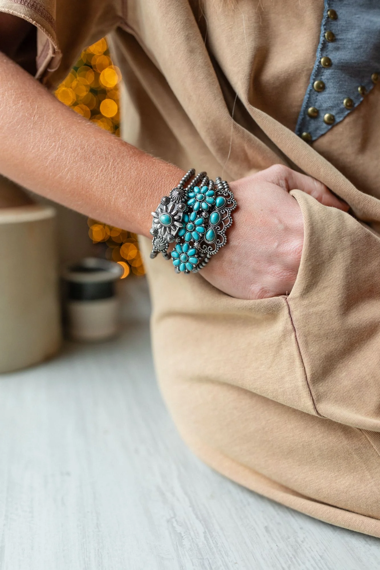 Desert Flowers Stretch Bracelet Set - Turquoise - Image 2