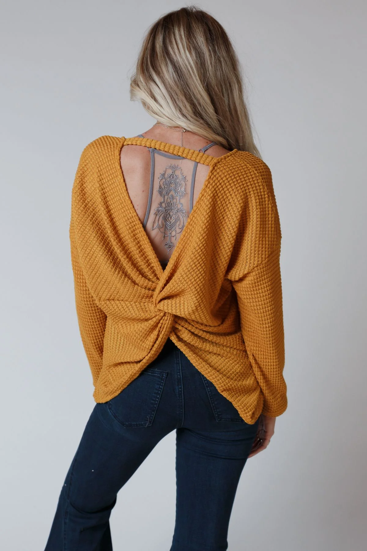 The Nest Flattering Open Back Thermal Knit Top - Mustard - Image 4