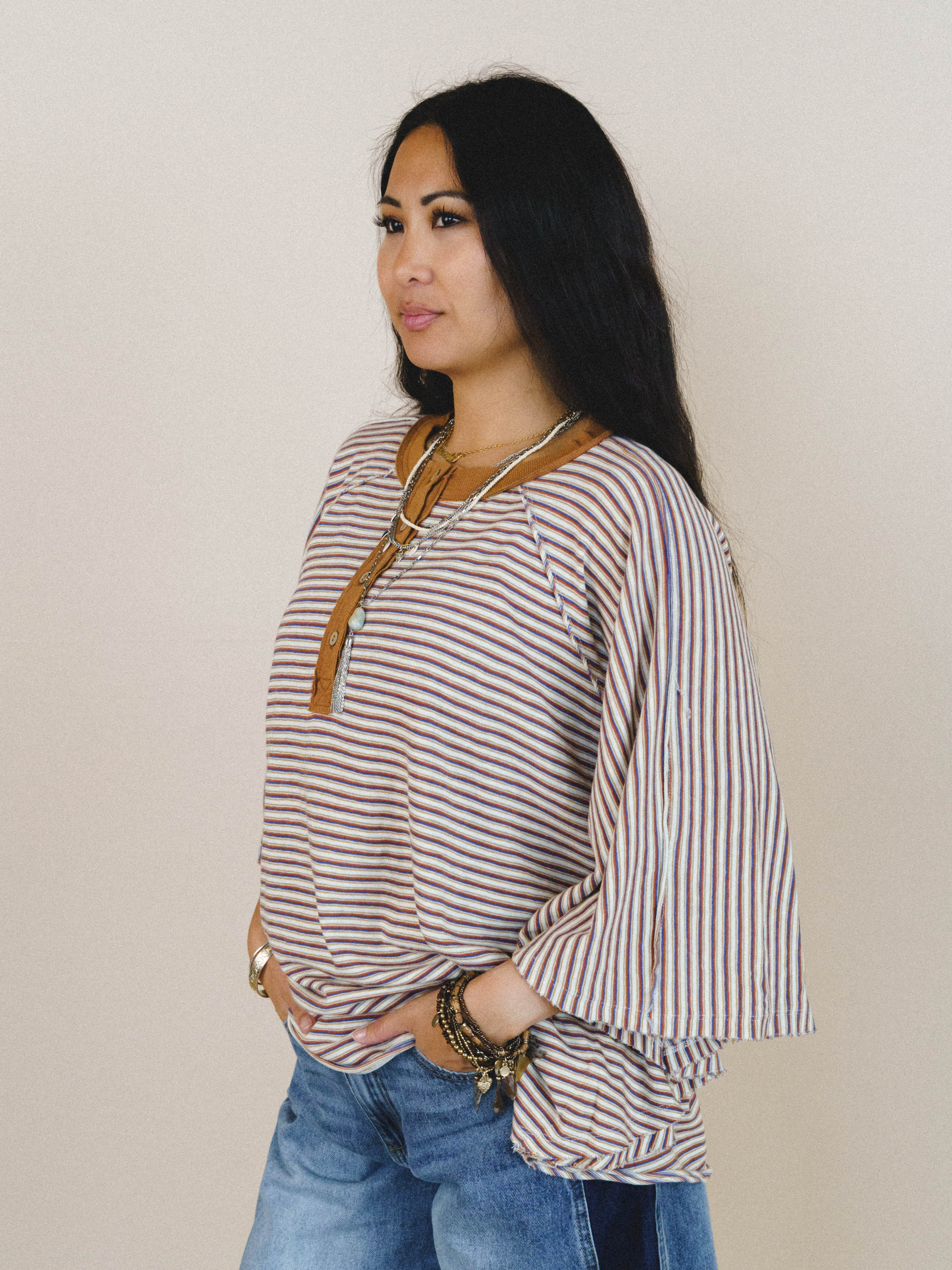 Florence Striped Poncho - Oatmeal - Image 3