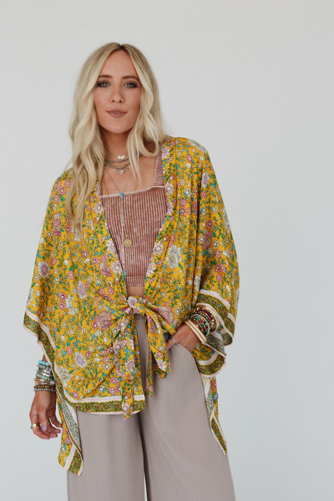 Flower Daze Front Tie Kimono - Mustard - Image 2