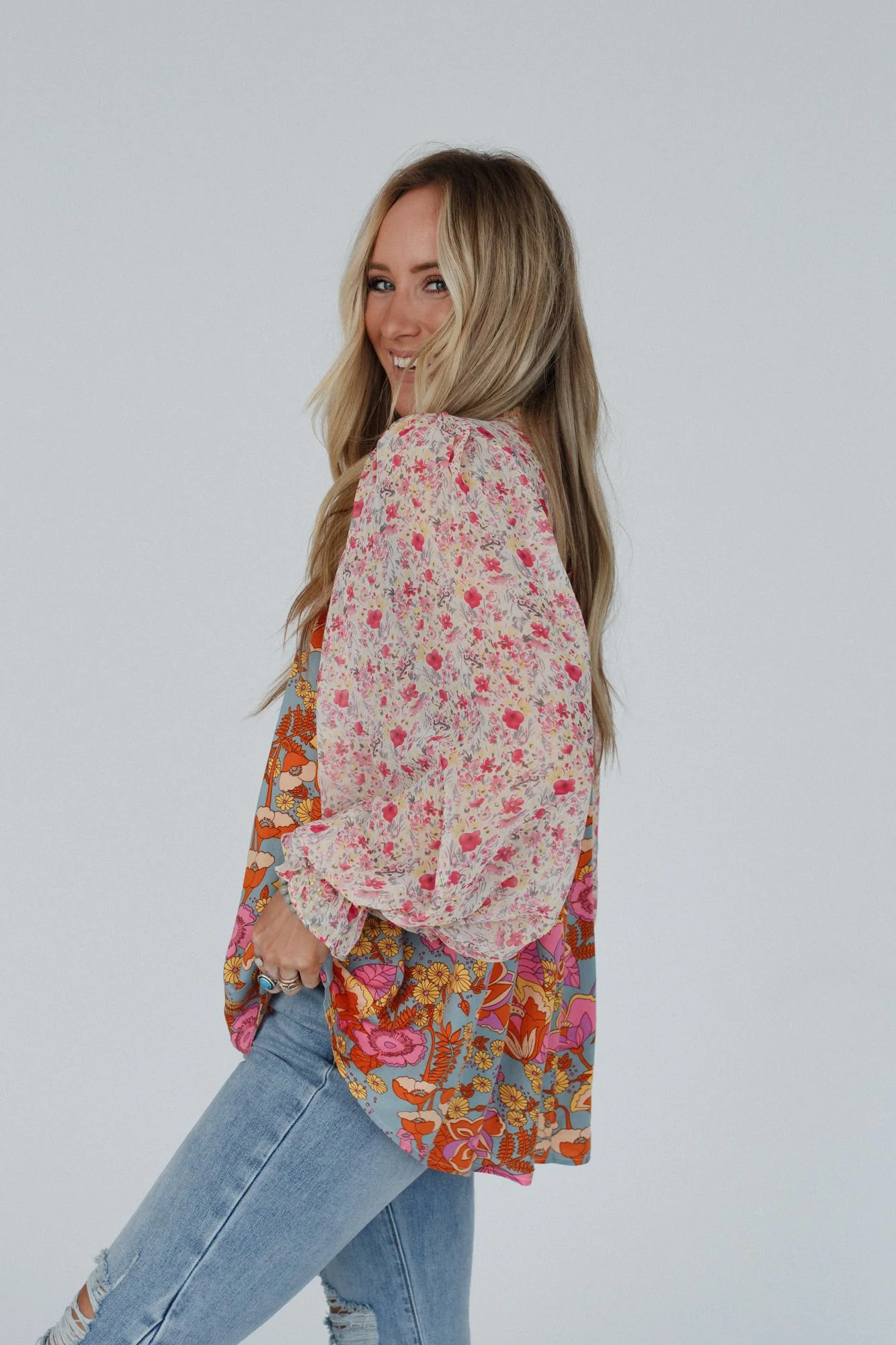 Flower Frenzy Bubble Sleeve Top - Sage Multi - Image 7