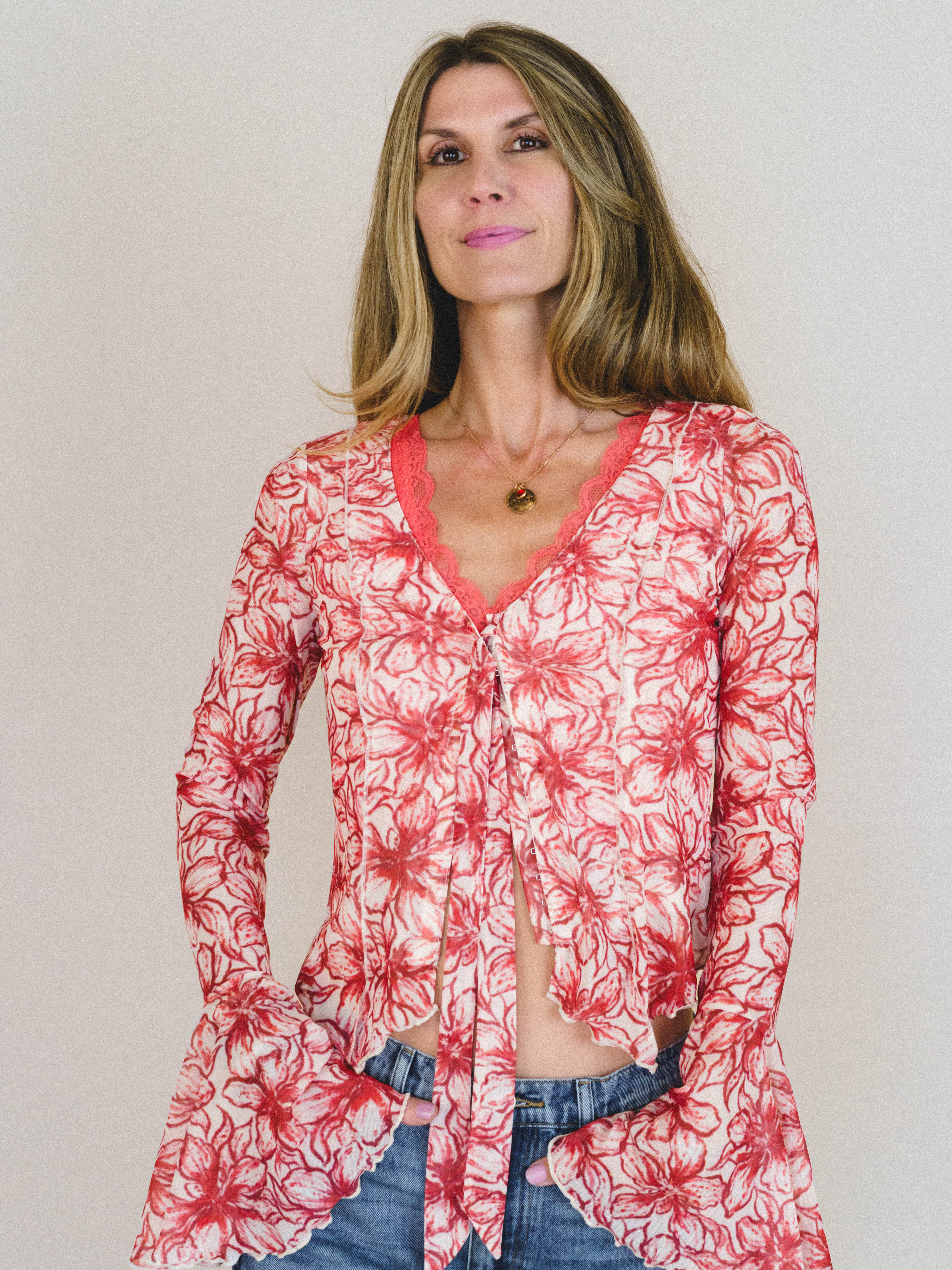 Foxy Flower Bell Sleeve Top - Red - Image 5