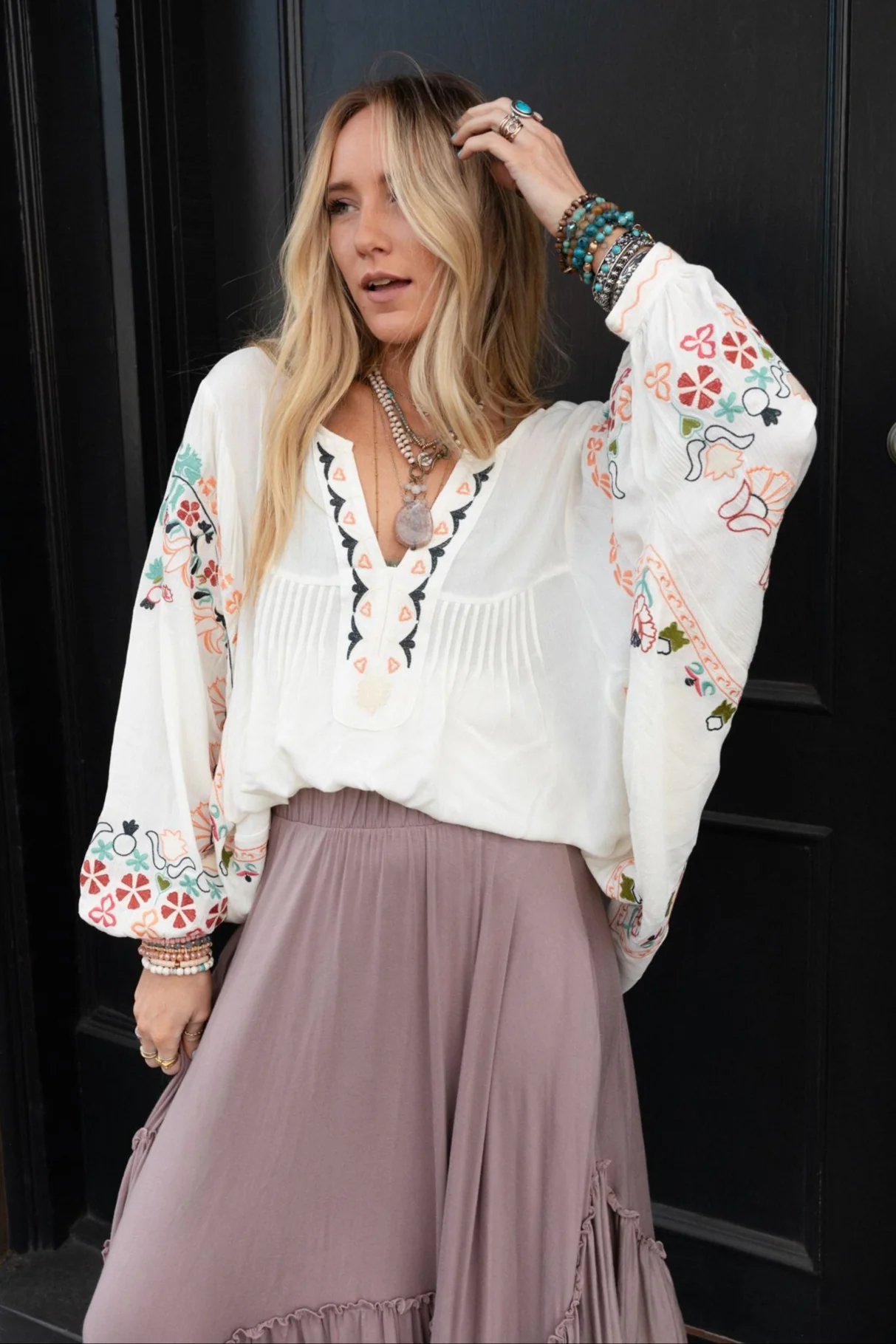 Frida Embroidered Dolman Sleeve Top - Ivory - Image 2