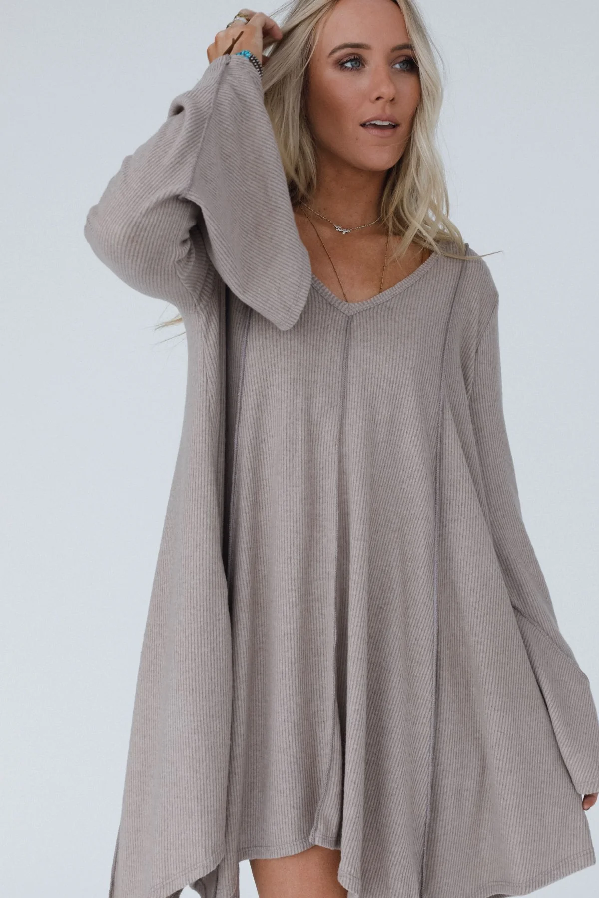 The Nest Golden Hour Long Bell Sleeve Tunic Dress - Latte - Image 4