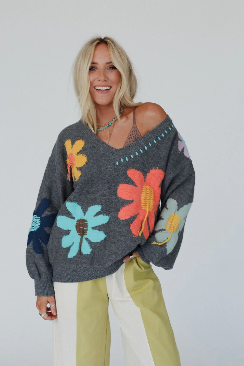 Good Mood Flower Print Sweater - Charcoal - Image 4