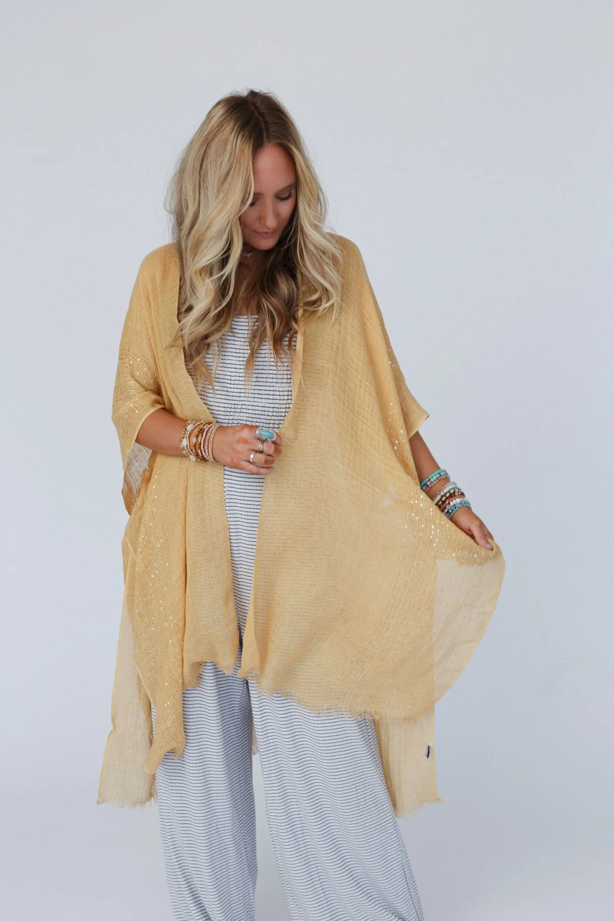 Mikka Sequin Frayed Trim Kimono - Mustard - Image 9