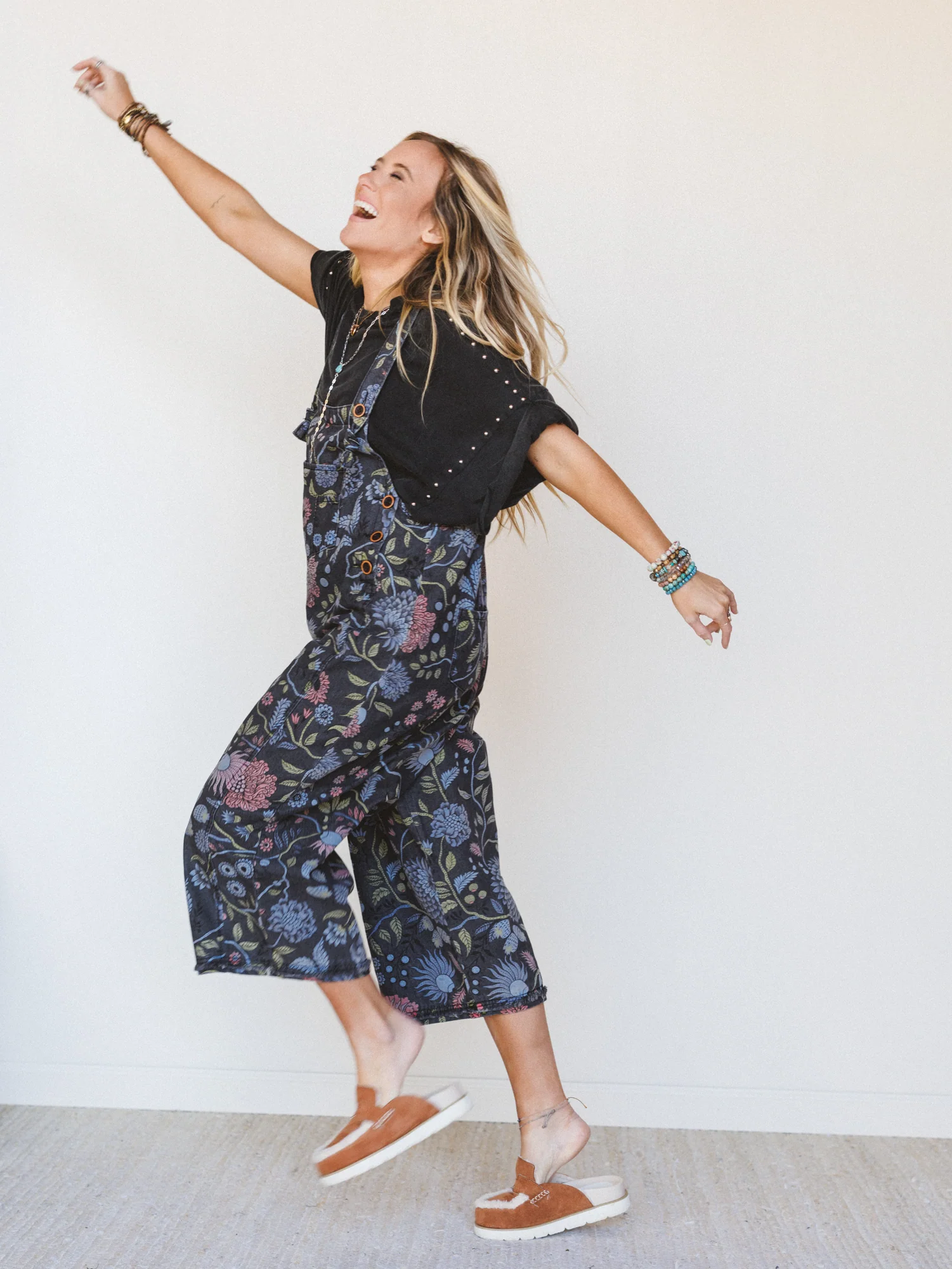 High Hopes Slouchy Denim Overalls - Floral Black Denim - Image 3