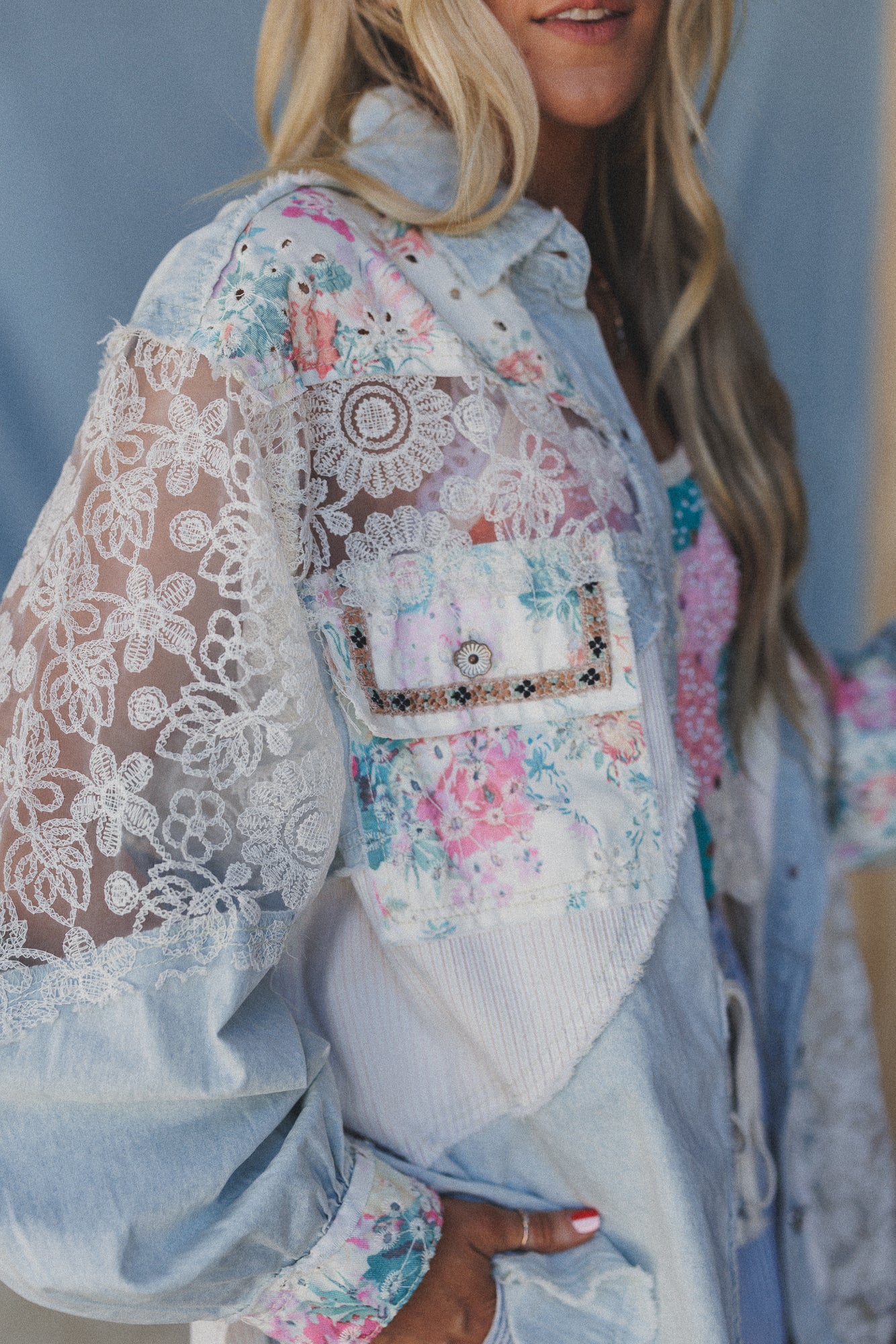 Hopeless Romantic Floral Lace Denim Jacket - Denim - Image 3