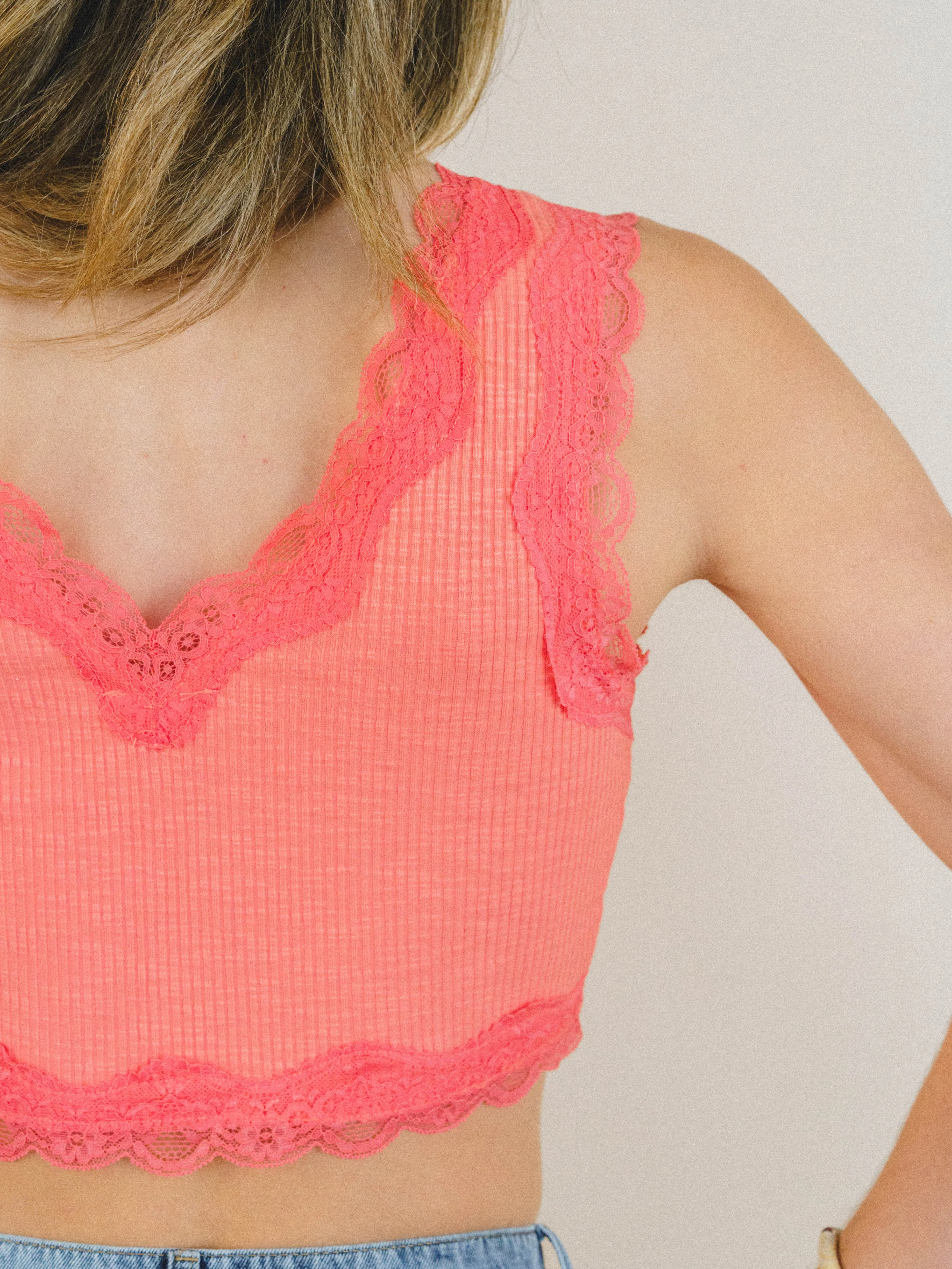 Lace Trim Cropped Cami - Hot Coral - Image 4