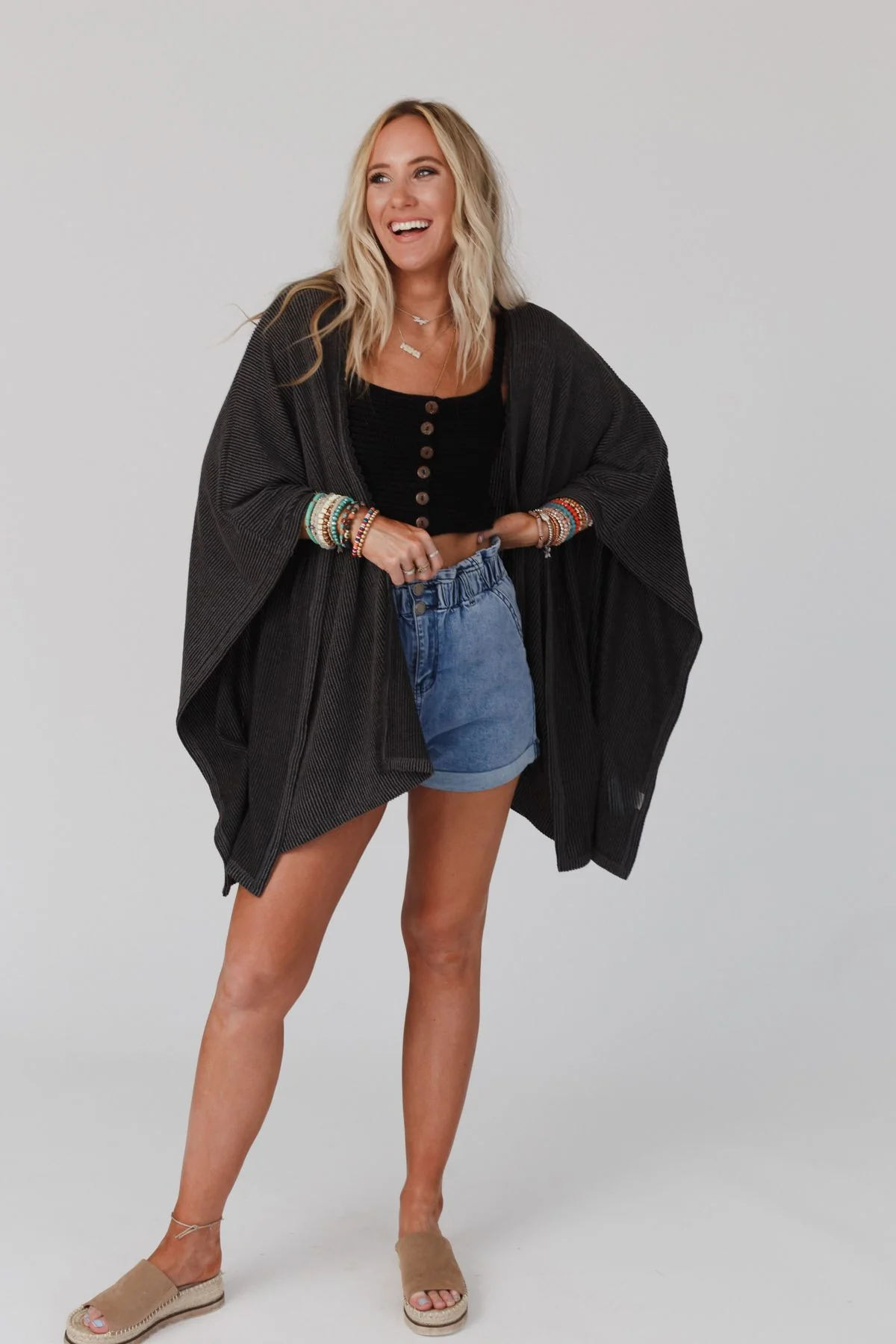 The Nest Lotus Lace Trim Ribbed Knit Kimono - Charcoal - Image 5