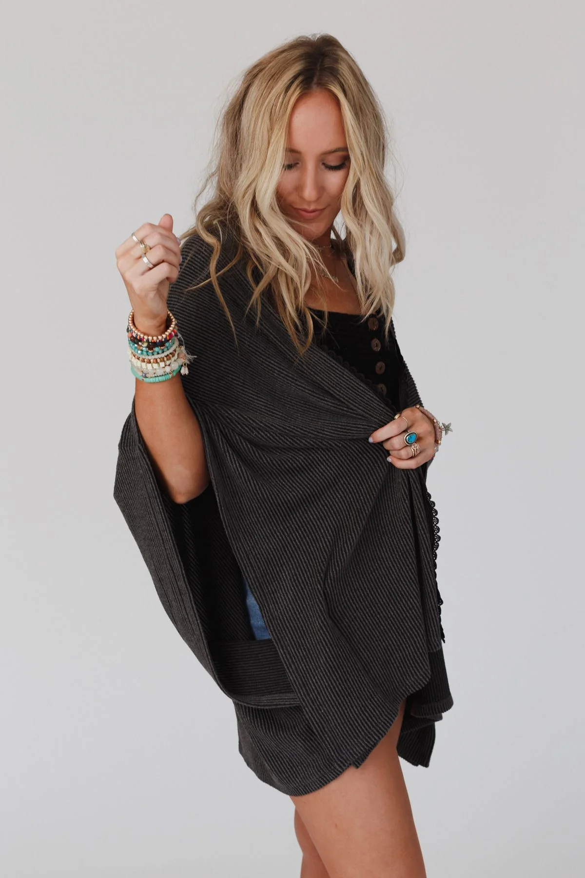 The Nest Lotus Lace Trim Ribbed Knit Kimono - Charcoal - Image 6