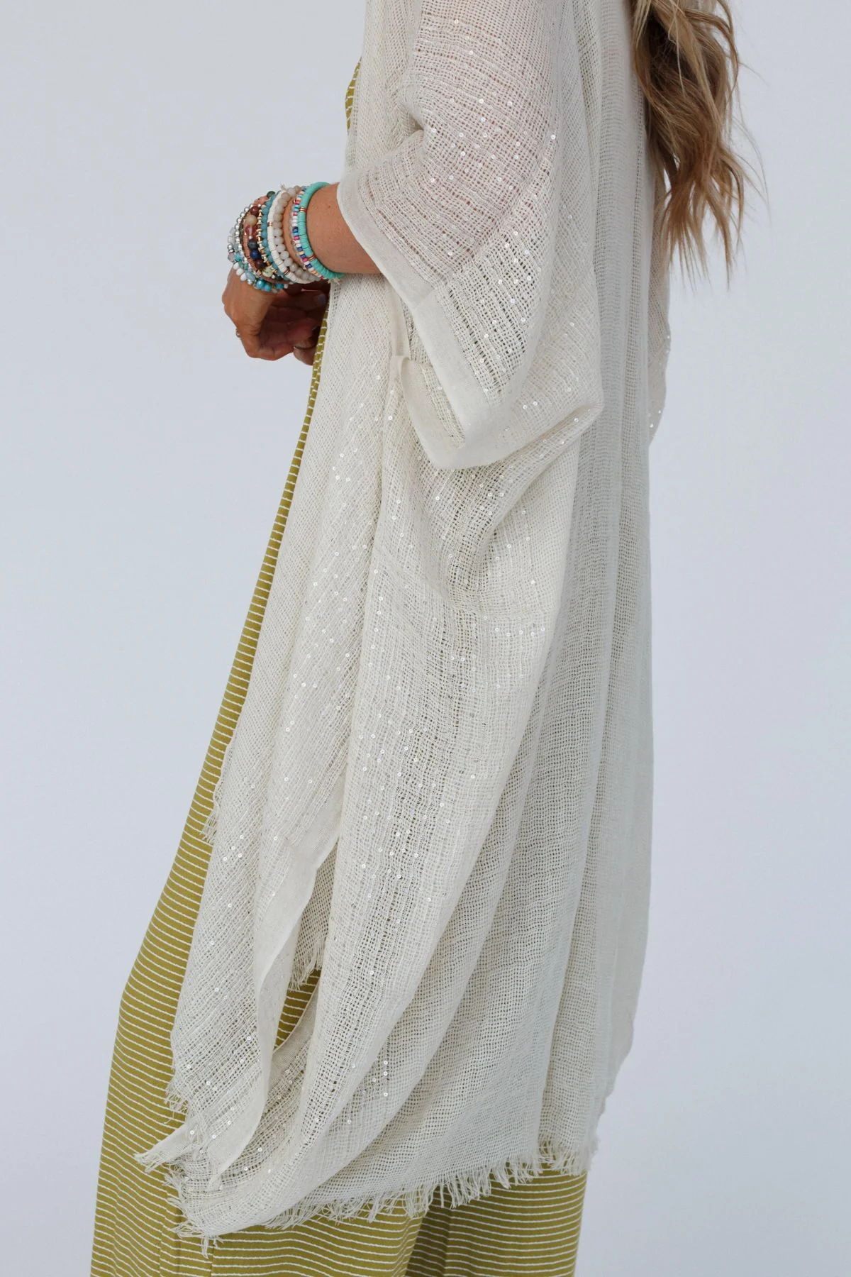 Mikka Sequin Frayed Trim Kimono - Natural - Image 3