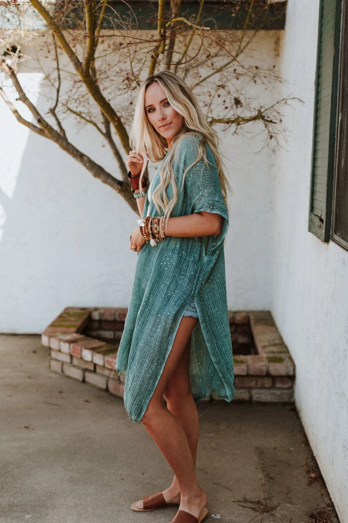Mikka Sequin Frayed Trim Kimono - Teal - Image 10