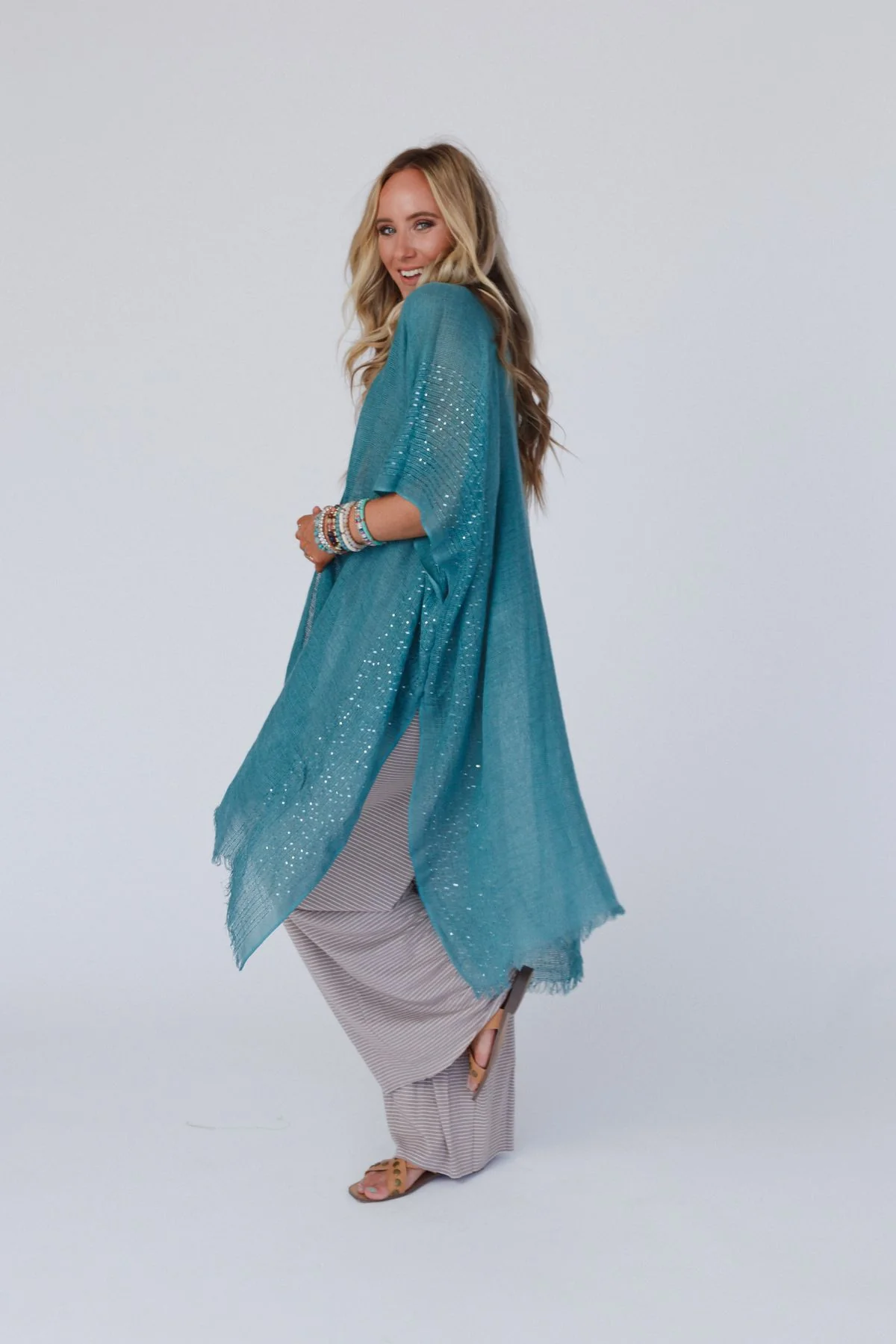 Mikka Sequin Frayed Trim Kimono - Teal - Image 3