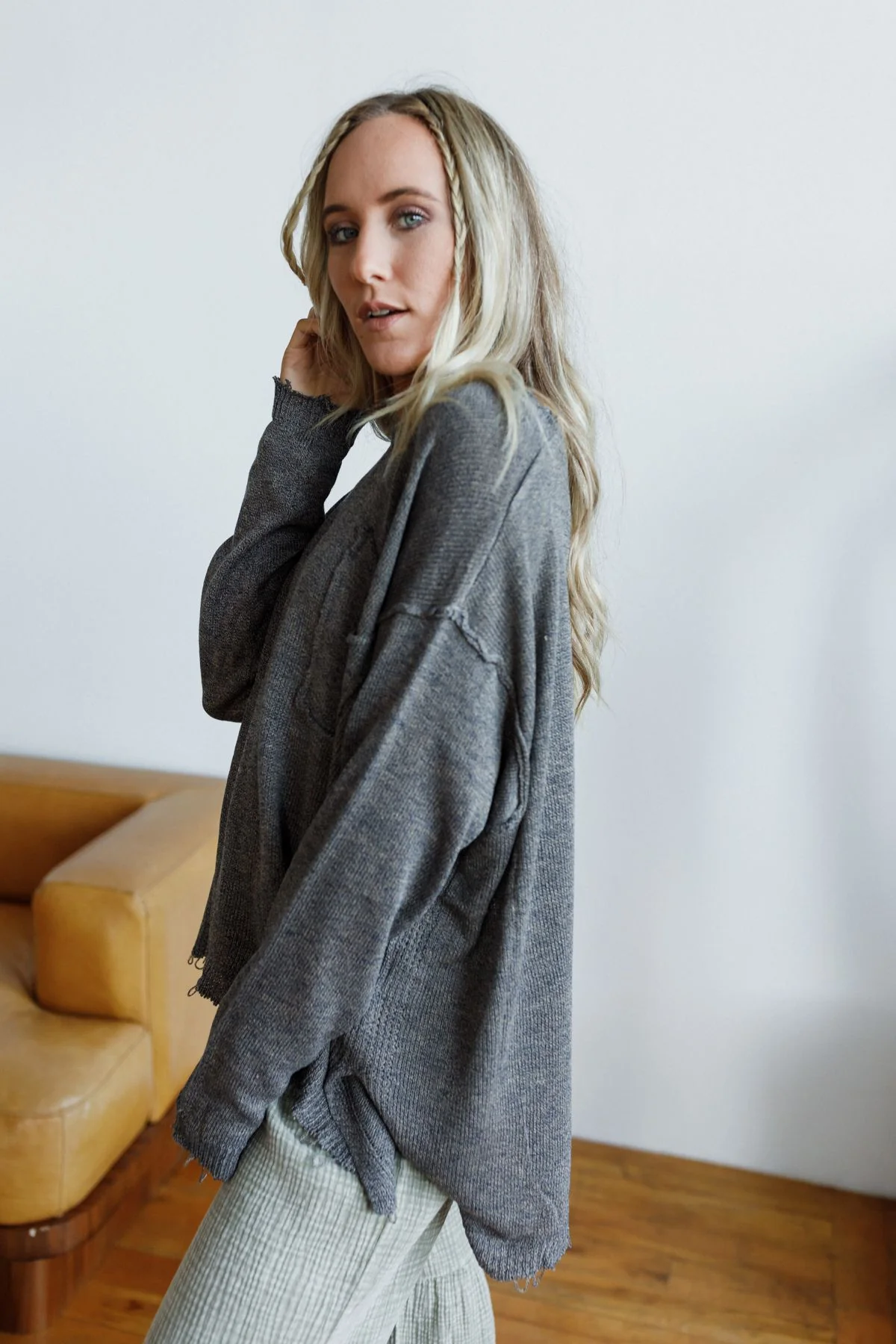 Monday Strolls Frayed Sweater - Charcoal - Image 3