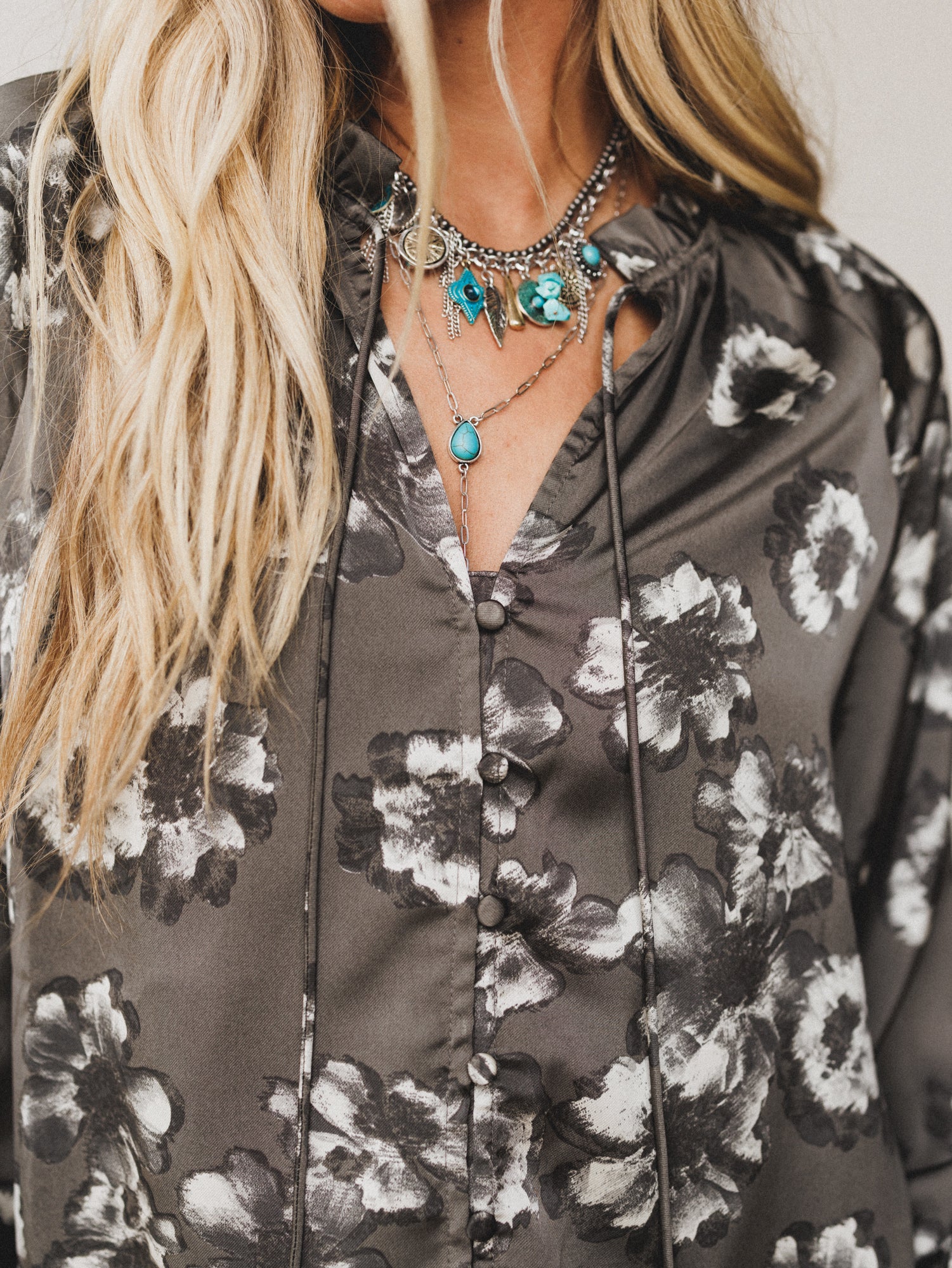 Noon Bloom Button Up Top - Gray - Image 4