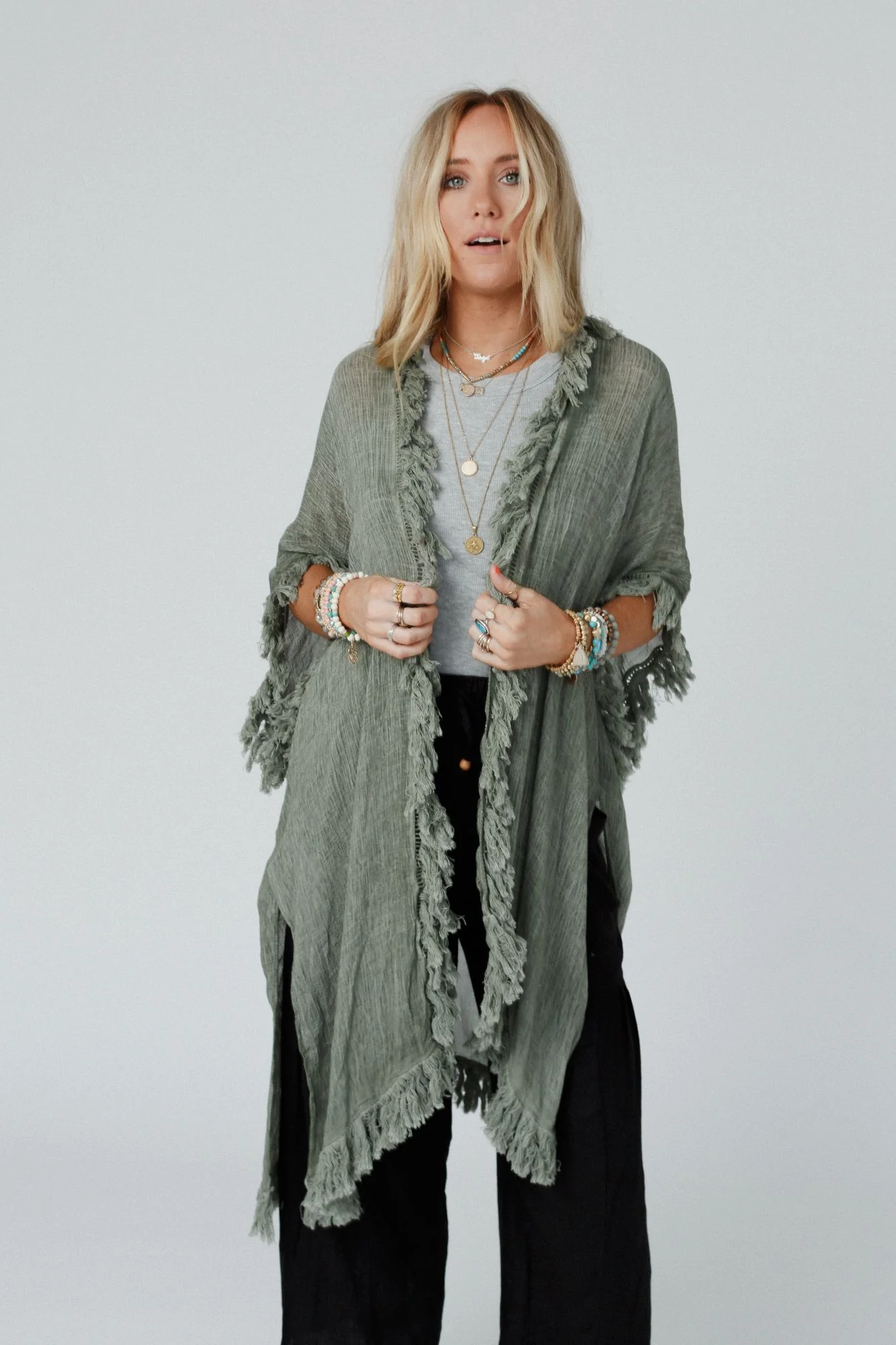 On The Edge Fringe Kimono - Olive - Image 2