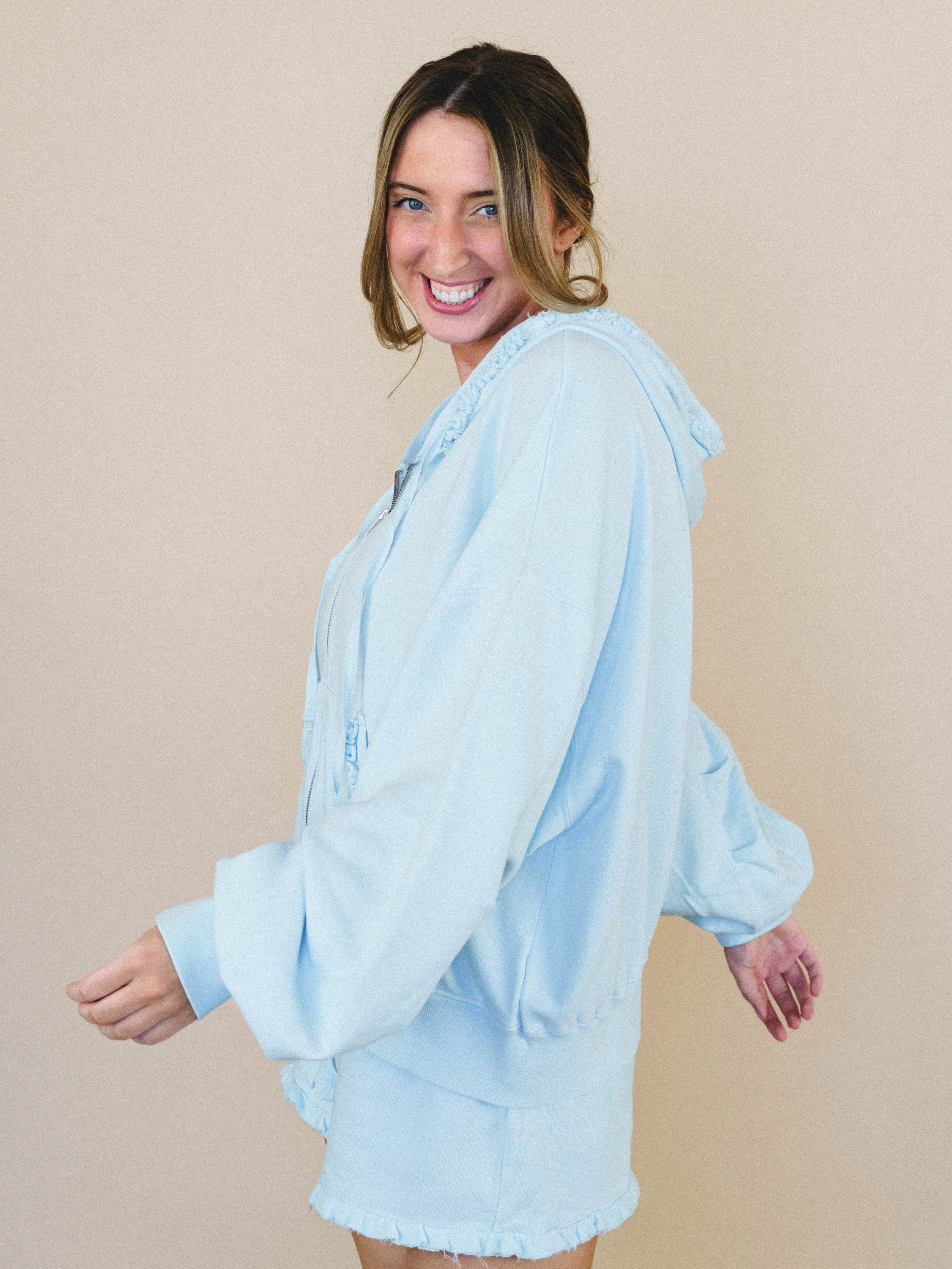 Pearl Ruffle Zip Up Hoodie - Light Blue - Image 3