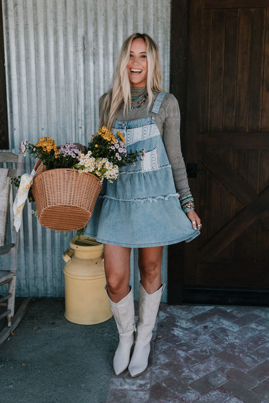 Petal Pockets Crochet Denim Dress - Denim - Image 9