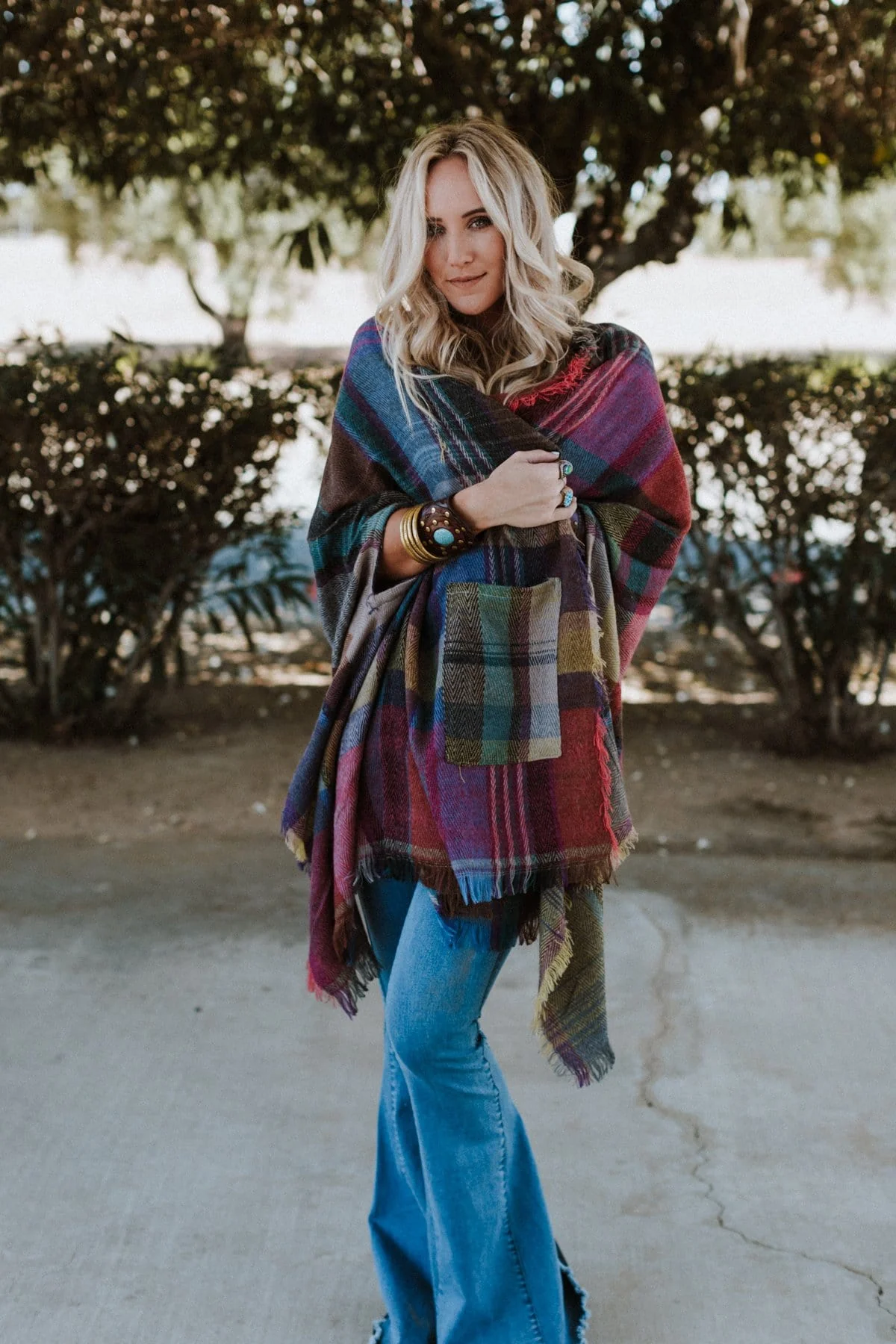 Cozy Plaid Pocket Ruana Wrap - Fuchsia - Image 4