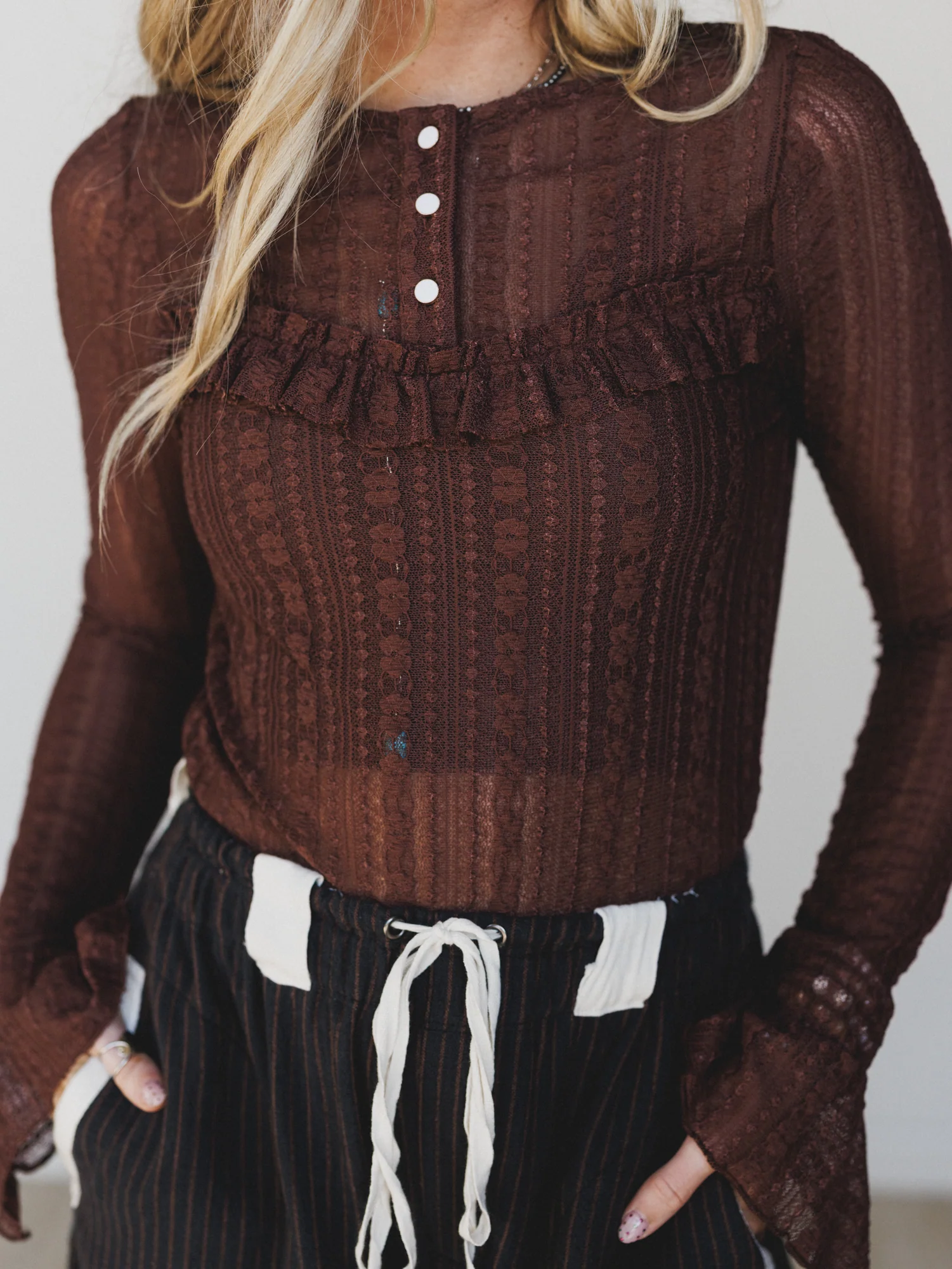 Quaint Darling Lace Long Sleeve Top - Chocolate - Image 5