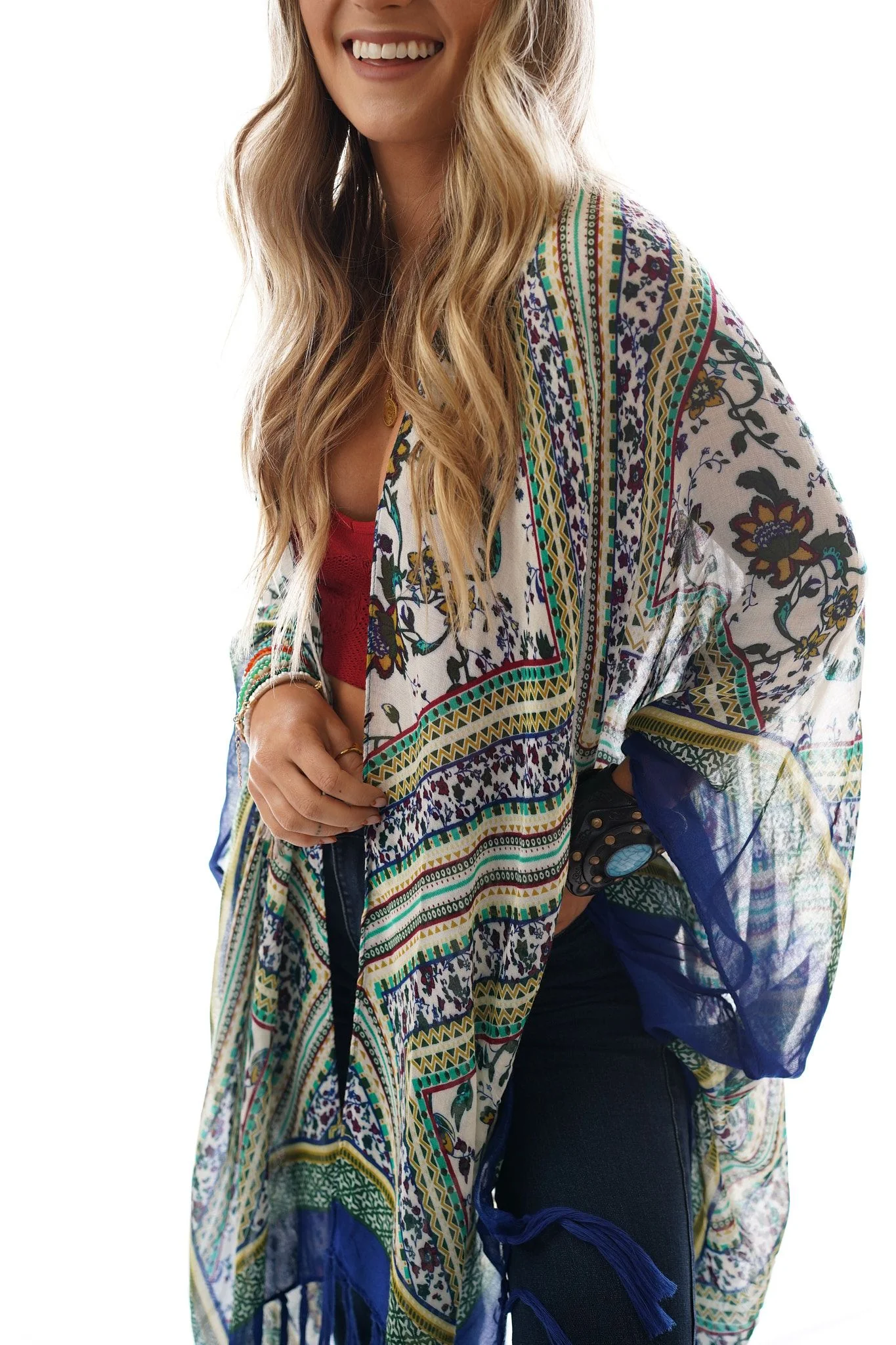 Riviera Border Print Kimono - Blue - Image 8