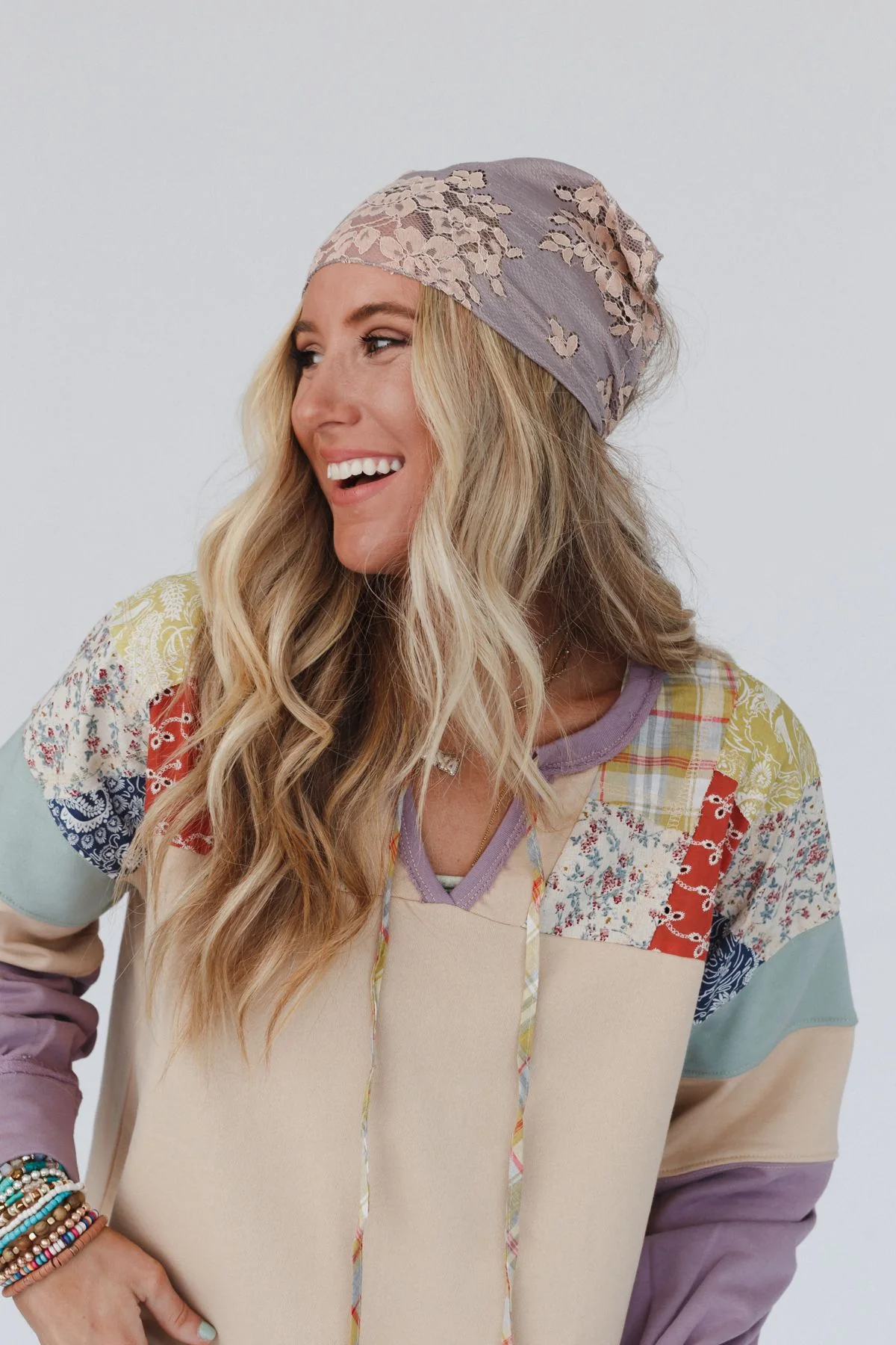 Sarah Floral Lace Headscarf - Gray - Image 7