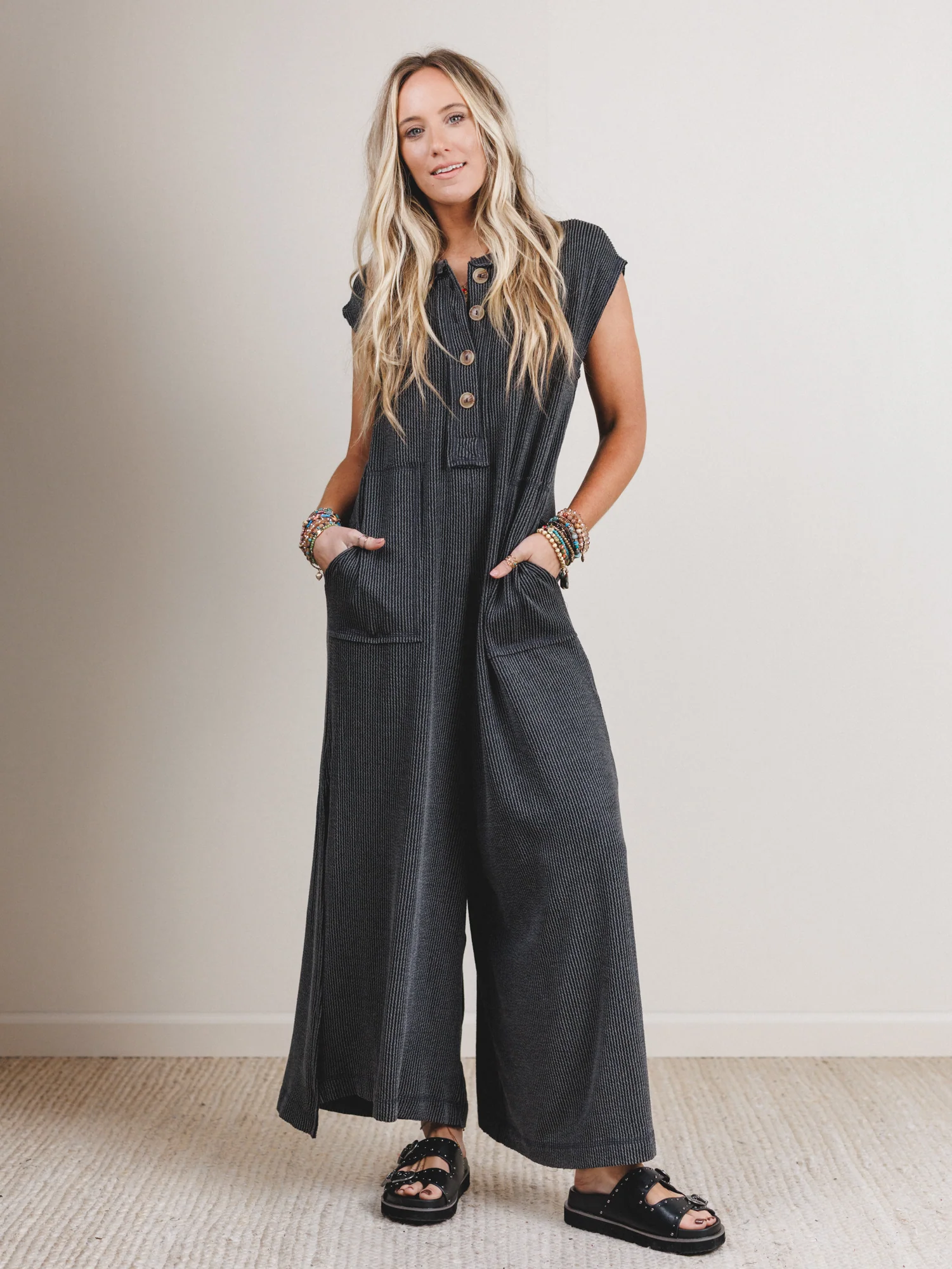The Nest Madeline Textured Jumpsuit - Charcoal