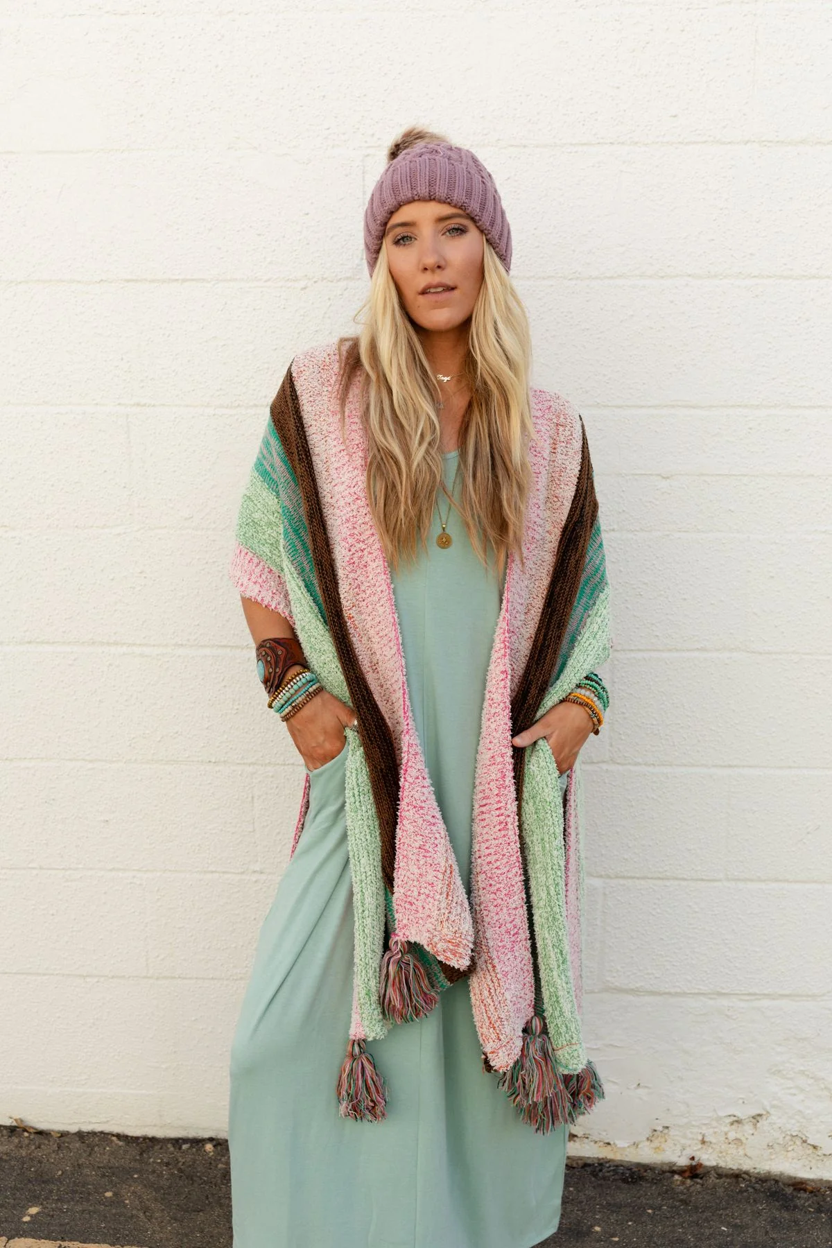 Wandering Soul Striped Tassel Ruana - Mint - Image 3