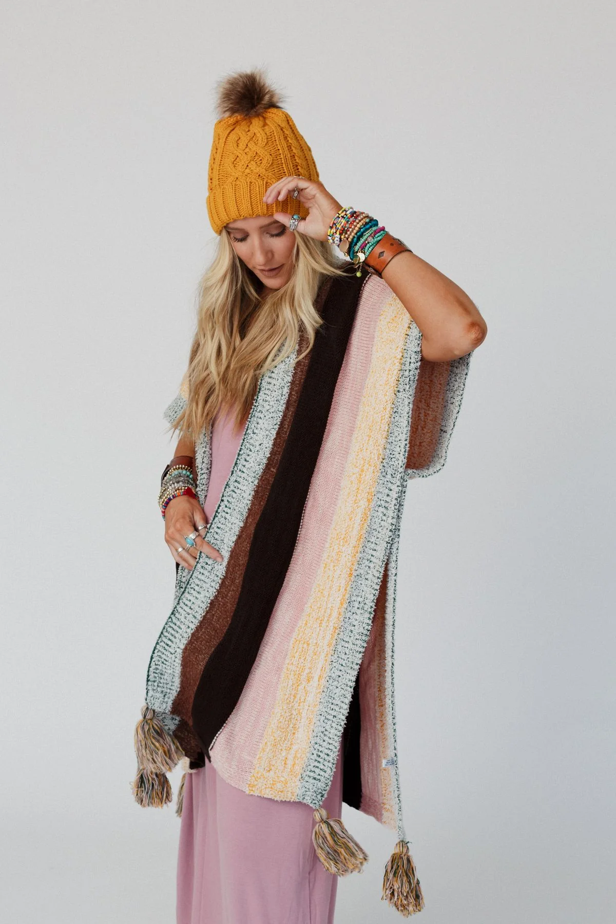 Wandering Soul Striped Tassel Ruana - Yellow - Image 5